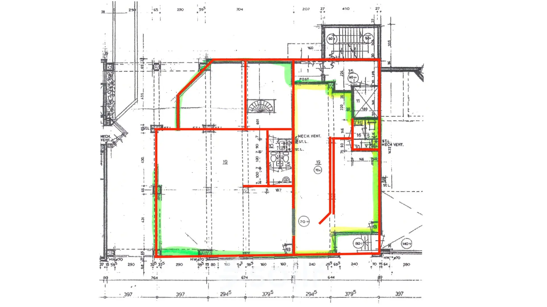 Blueprint layout of Wilhelminasingel office space rental in Maastricht, showcasing potential workspaces.