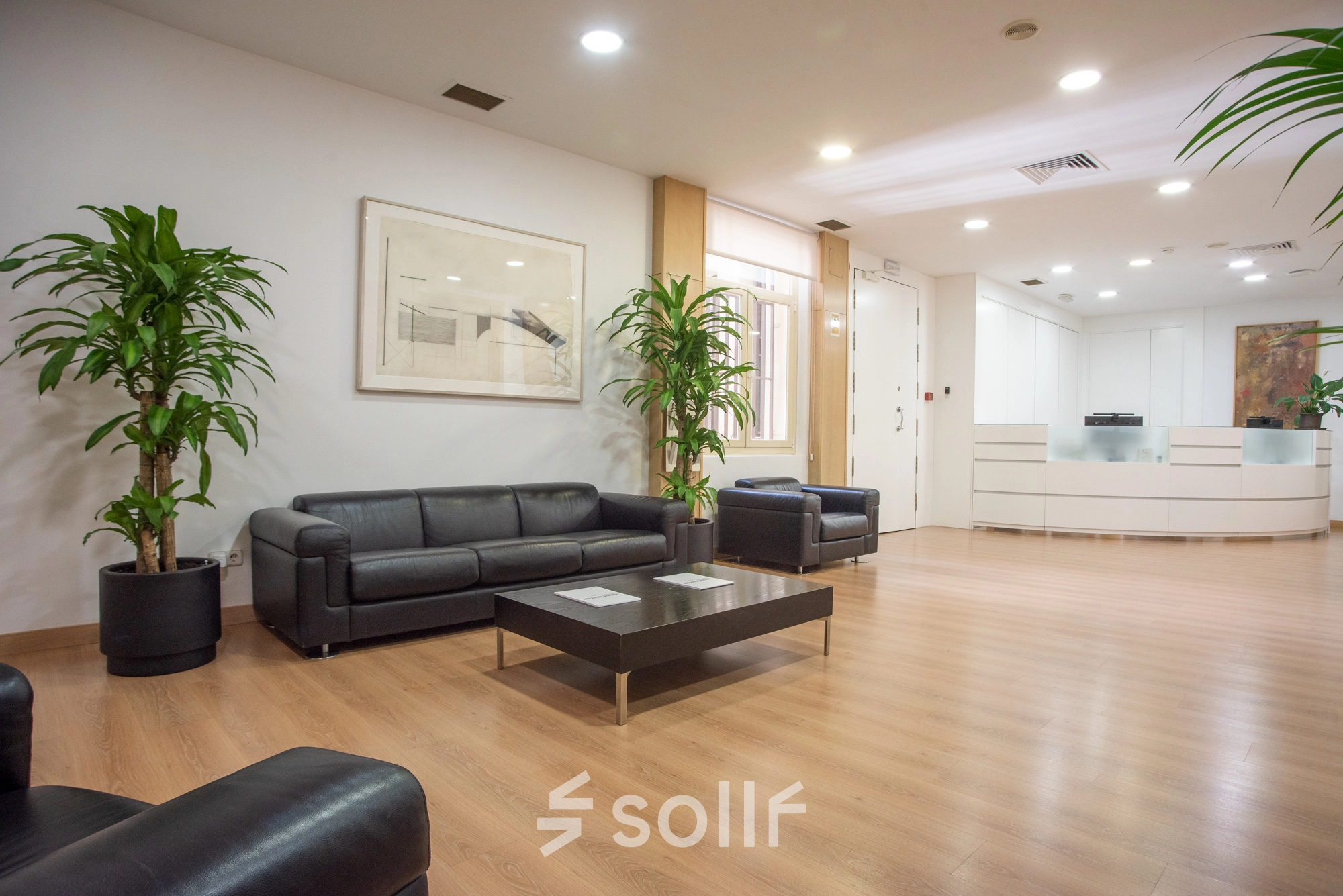 Spacious office lounge at Calle Gran Vía 6, Madrid Center, featuring leather sofas and modern decor. Ideal office space rental for relaxation and informal meetings.