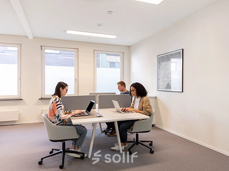 Modern office space rental in Mechelen Centrum with people working on laptops at Kardinaal Mercierplein 2, featuring natural light and stylish furniture.