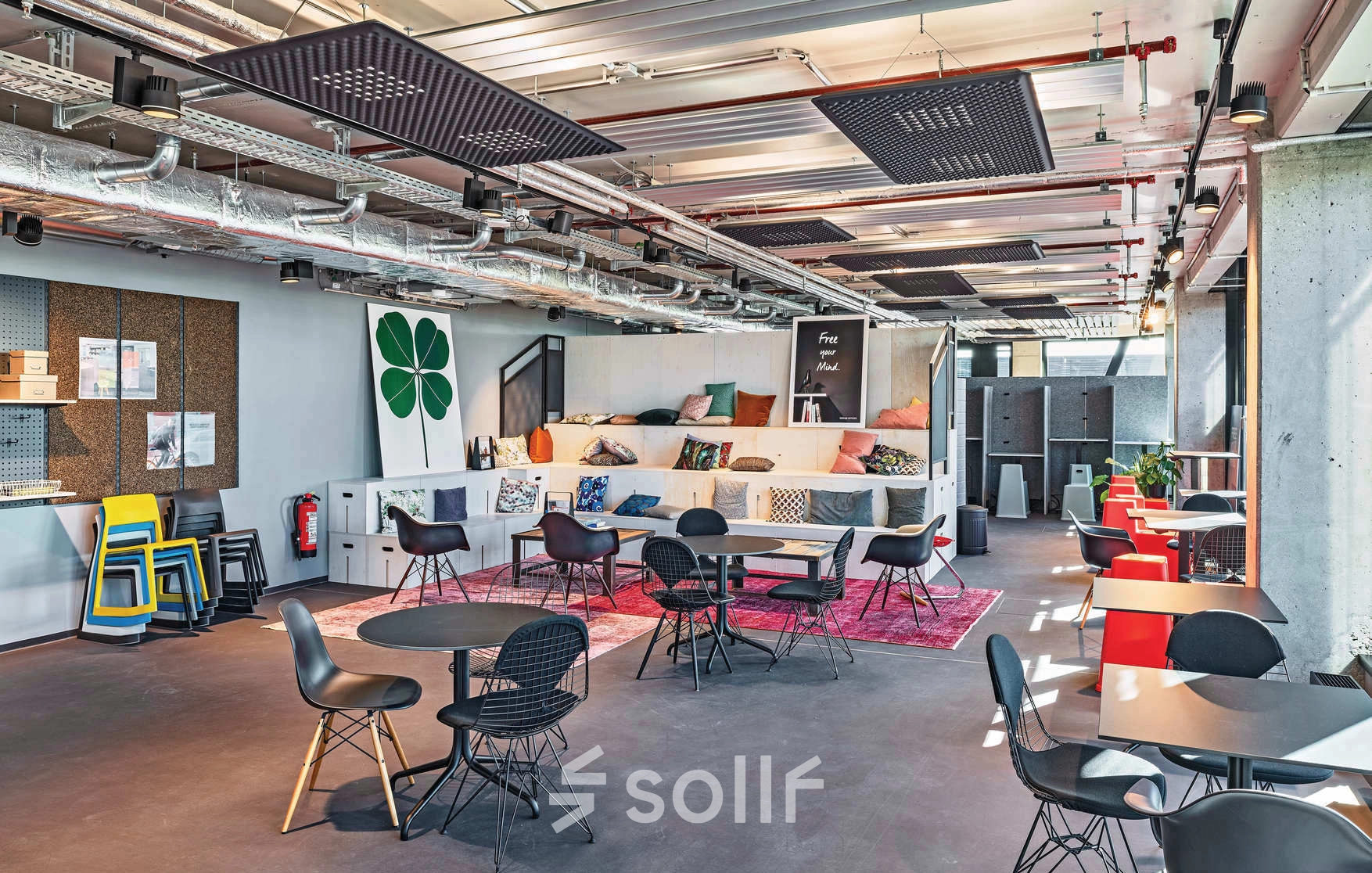 Bright, modern office space with stylish furnishings and seating areas available for rent at Rosenheimer Straße 143C, München Werksviertel.
