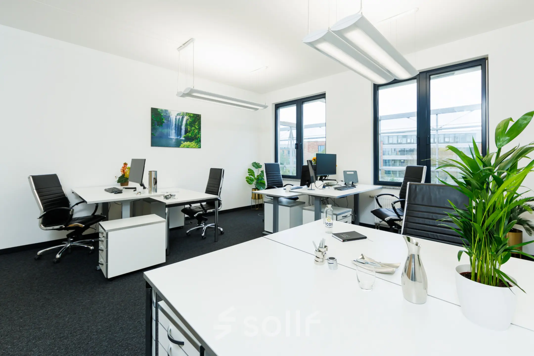 Bright office space at Landsberger Straße 155, Munich Laim, featuring multiple workstations with chairs and plants, ideal for rental.