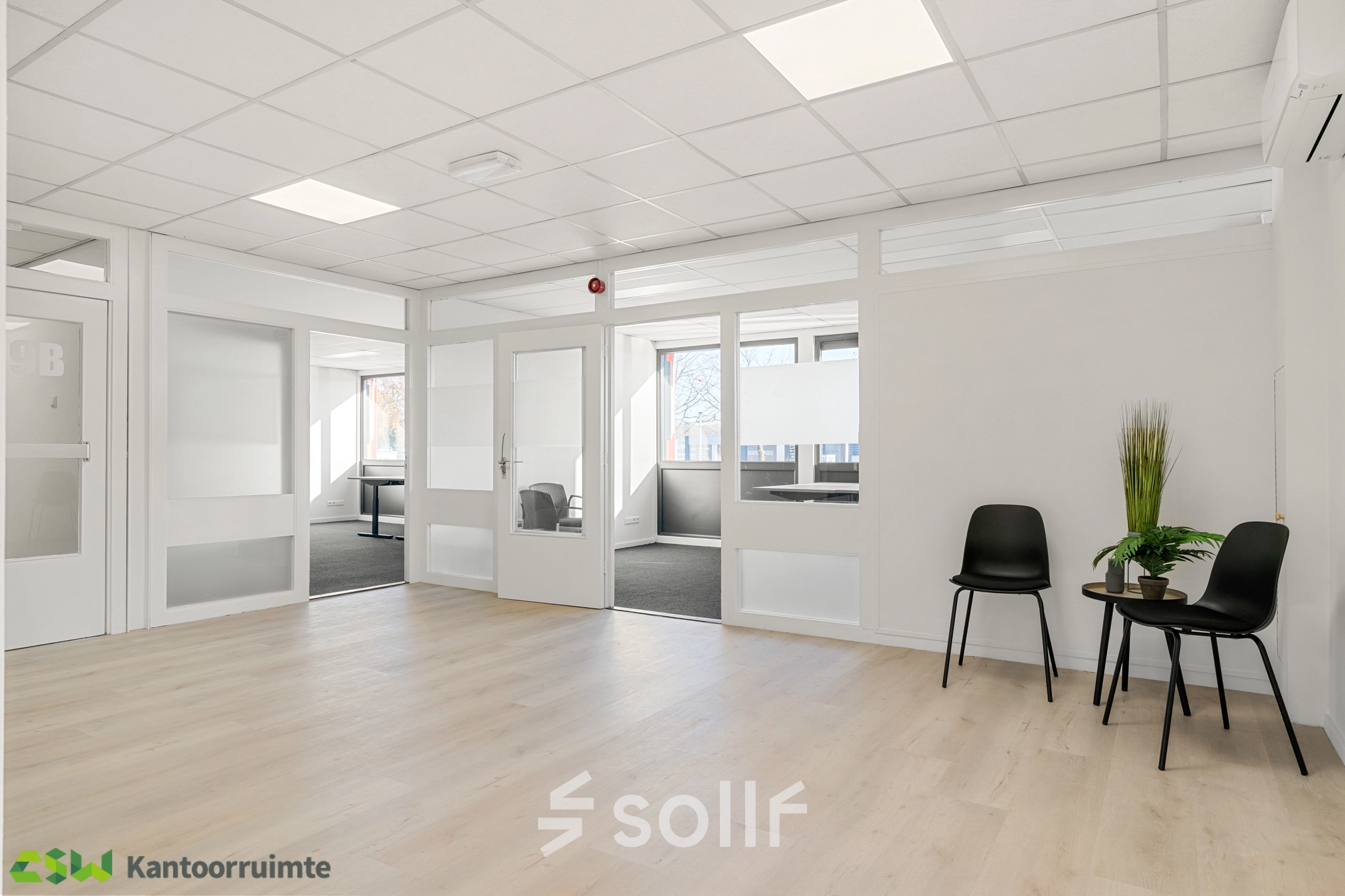 Modern office space at Nijverheidsweg 9B in Nieuwegein, featuring clean lines and natural light. Ideal for office space rental with open layout.