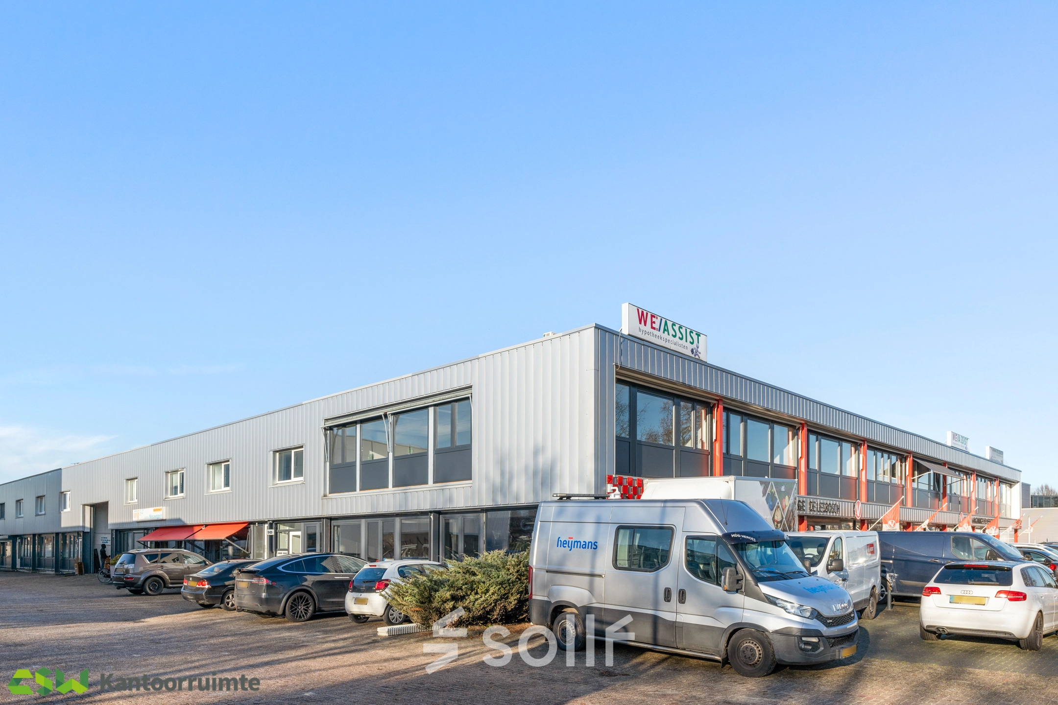 Exterior view of office space rental location at Nijverheidsweg 9B, Nieuwegein, with parking available.