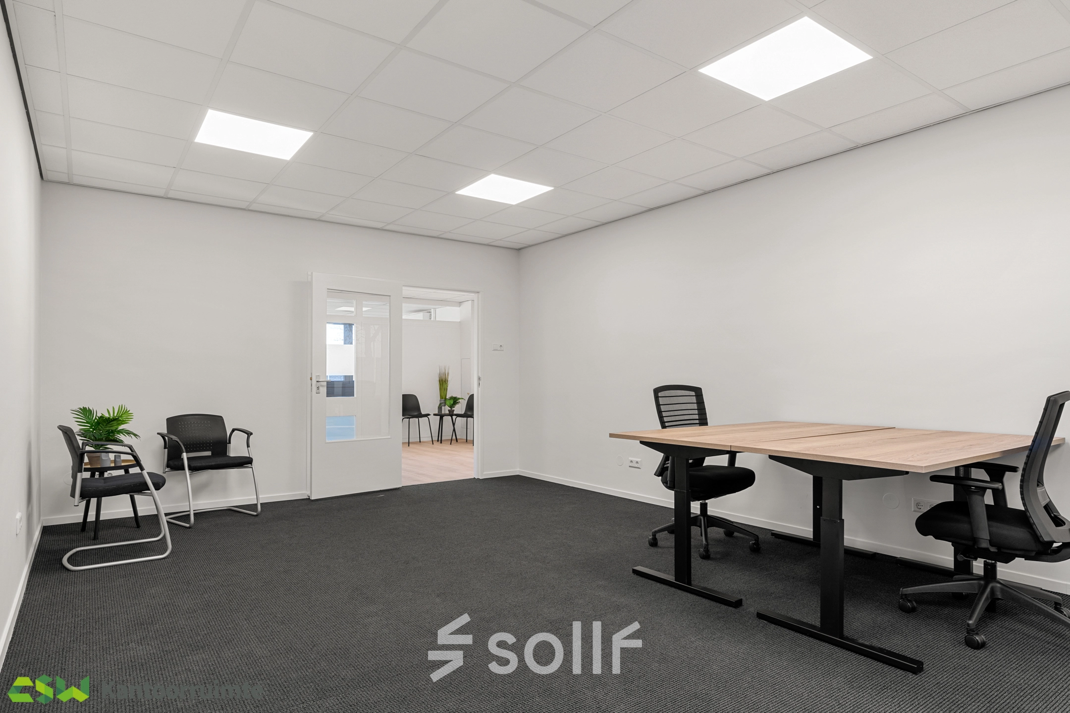 Furnished office space to rent at Nijverheidsweg 9B, Nieuwegein, featuring a modern interior with chairs, desks, and clean lines. Ideal for office space rental seekers.