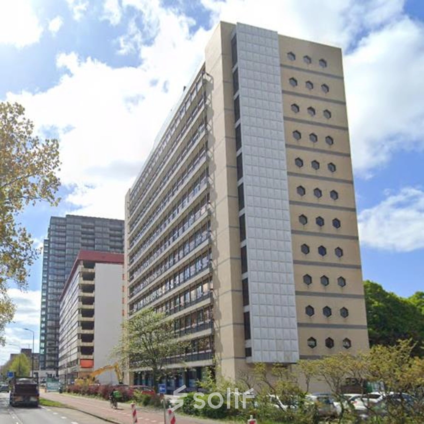 Exterior view of the office building at JC van Markenlaan 3, Rijswijk. This property offers office space rental opportunities with a modern facade featuring multiple windows and a clean, professional look.