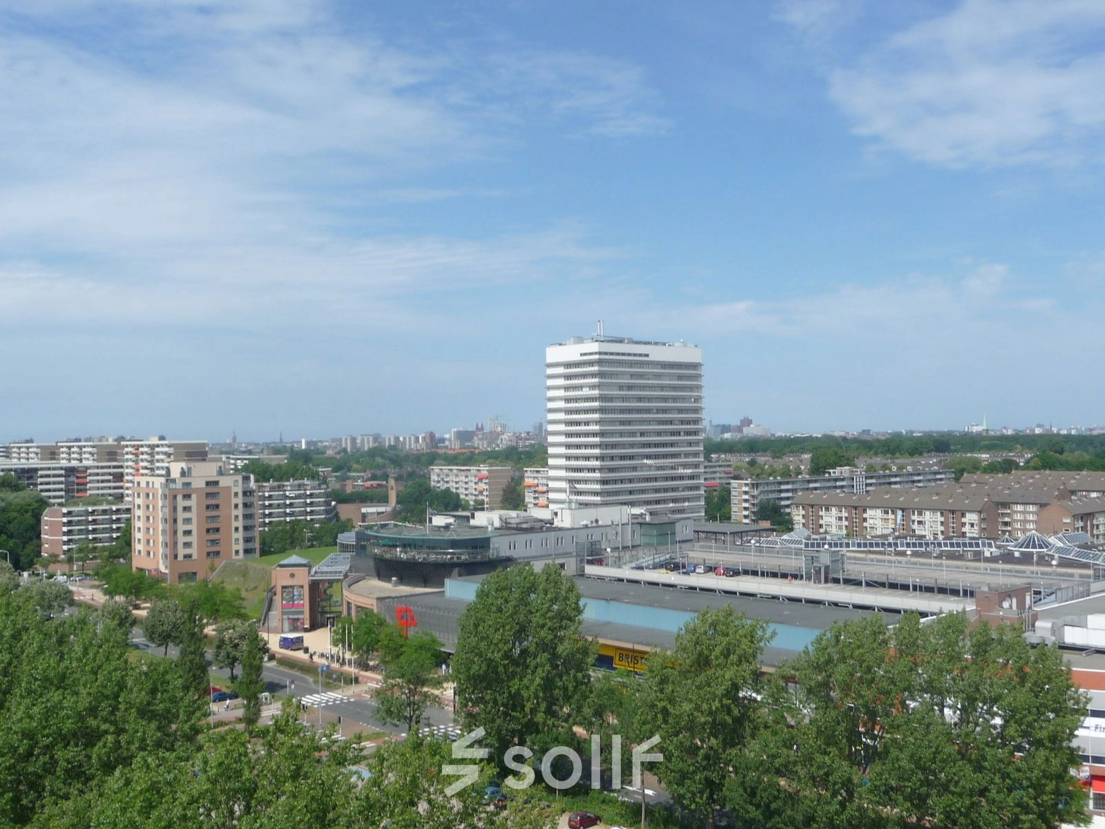 Aerial view of office buildings at J.C. van Markenlaan 3, Rijswijk, ideal for office space rental.