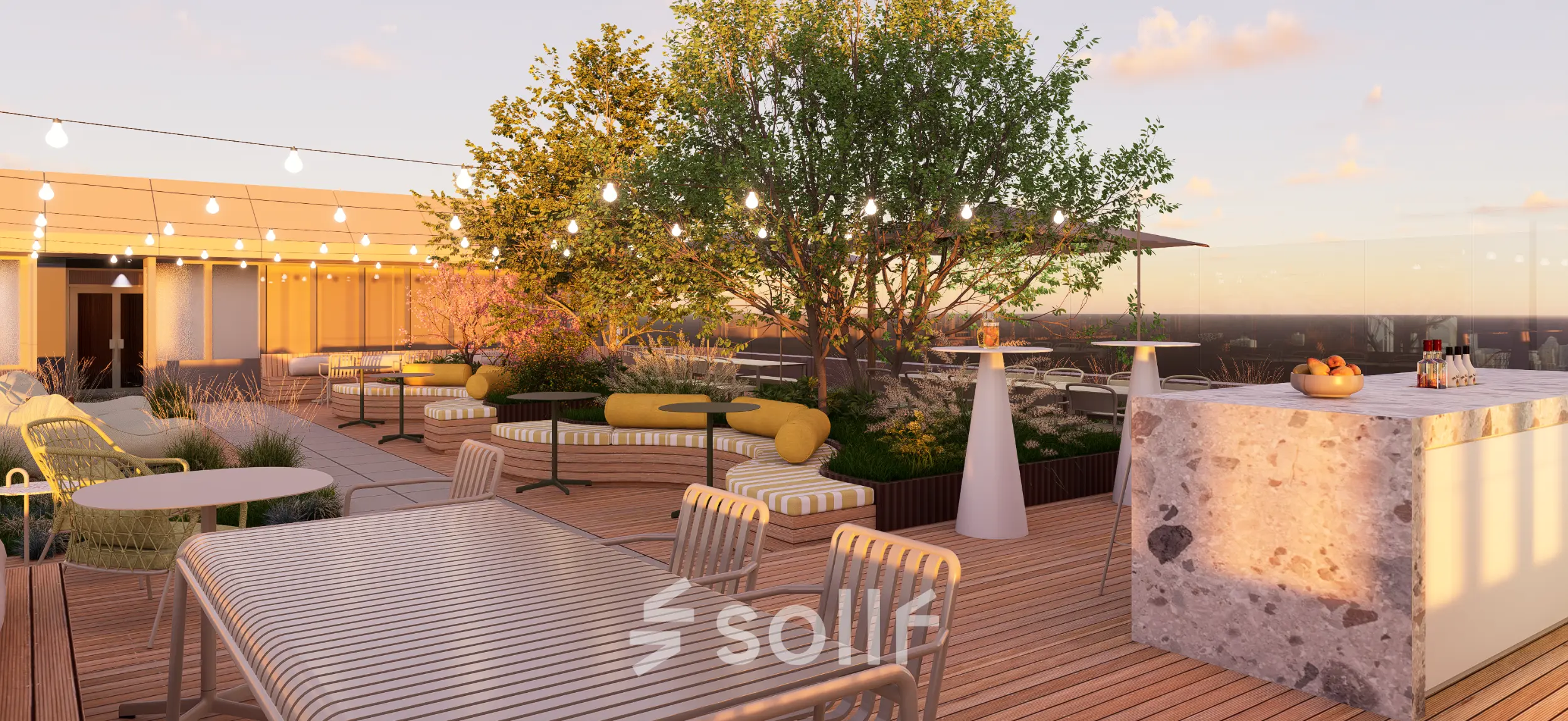 Spacious rooftop terrace with seating and greenery, ideal for business gatherings at Marten Meesweg 101, Rotterdam Alexander. Perfect for office space rental needs.