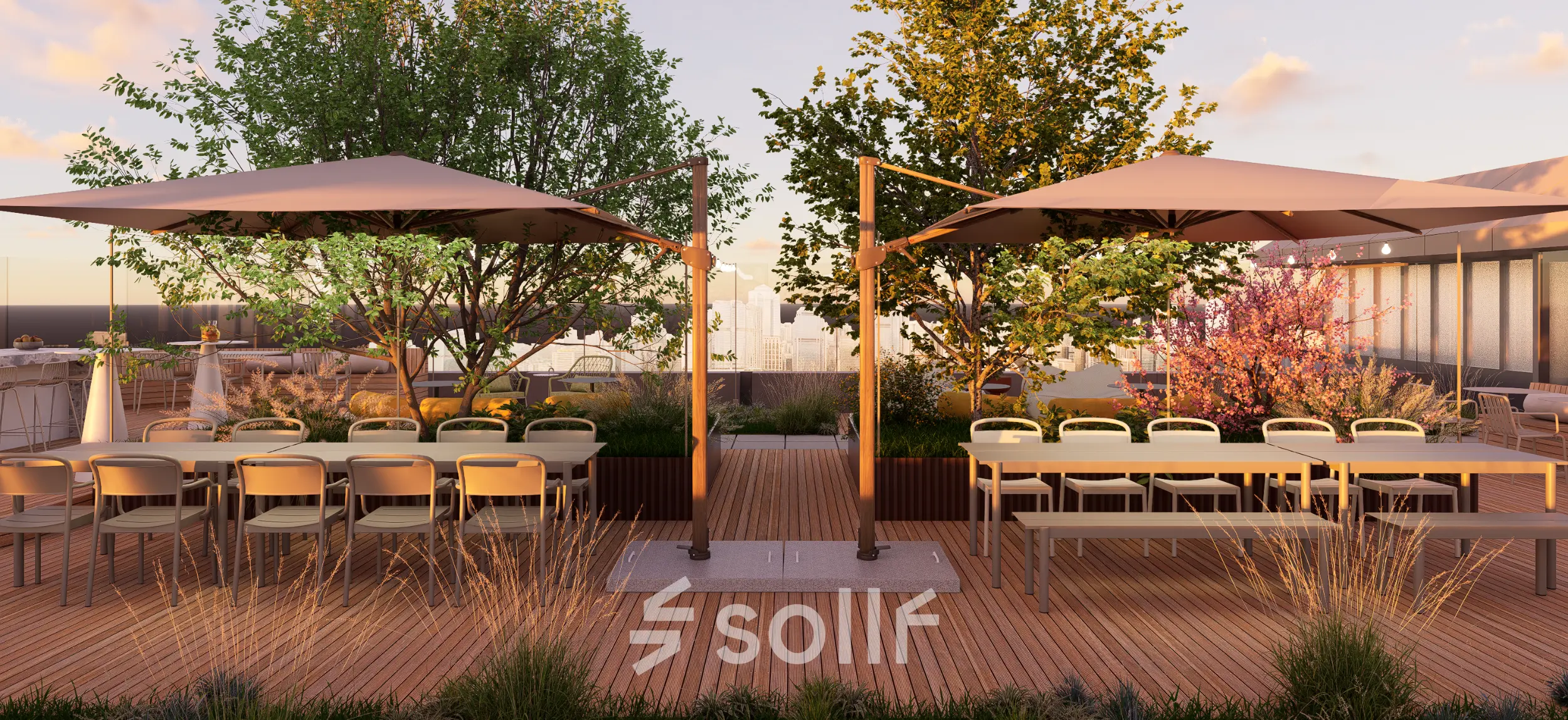 Open rooftop area at Marten Meesweg 101 in Rotterdam Alexander, featuring wooden decking, tables, chairs, and umbrellas, perfect for an office space rental. There are no people visible.