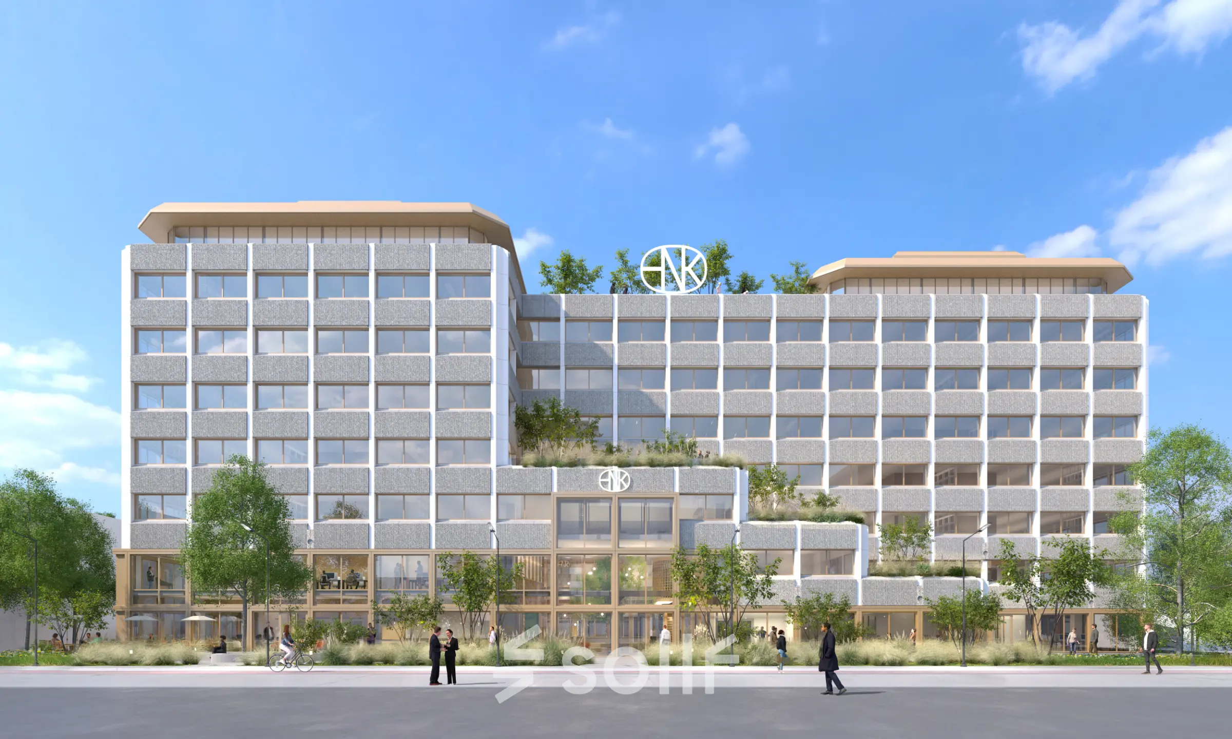 Exterior view of a modern office building at Marten Meesweg 101, Rotterdam Alexander, with people walking outside. Ideal location for office space rental.