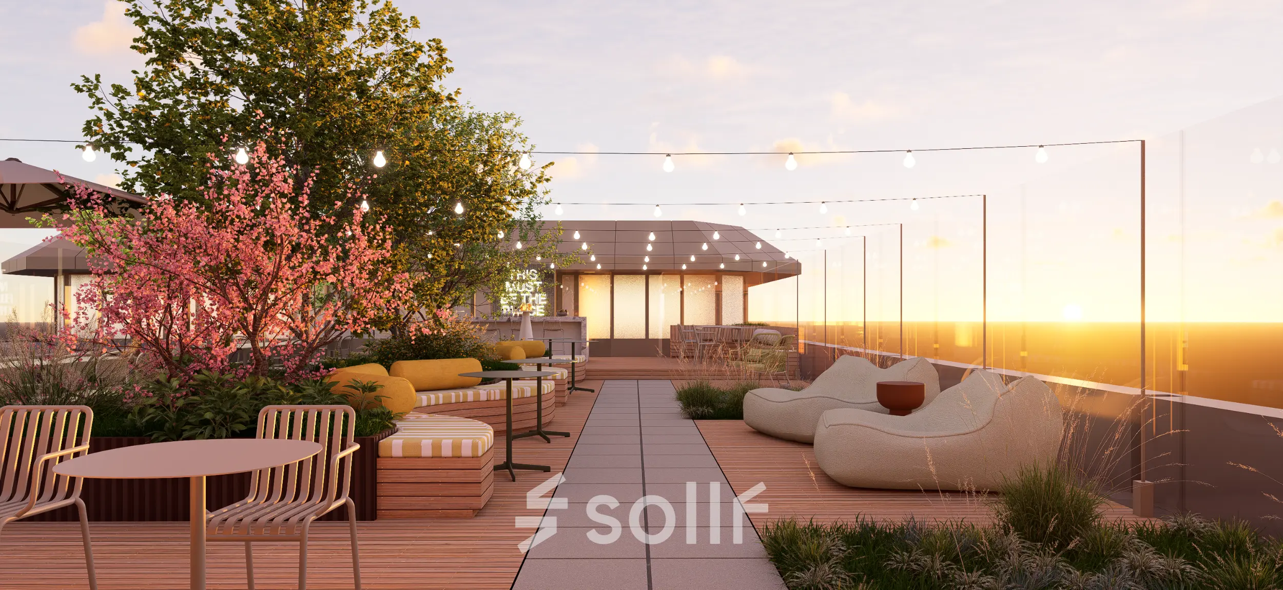 Rooftop terrace at Marten Meesweg 101, Rotterdam Alexander, featuring seating arrangements, plants, and string lights, ideal for office space rental with a scenic view.