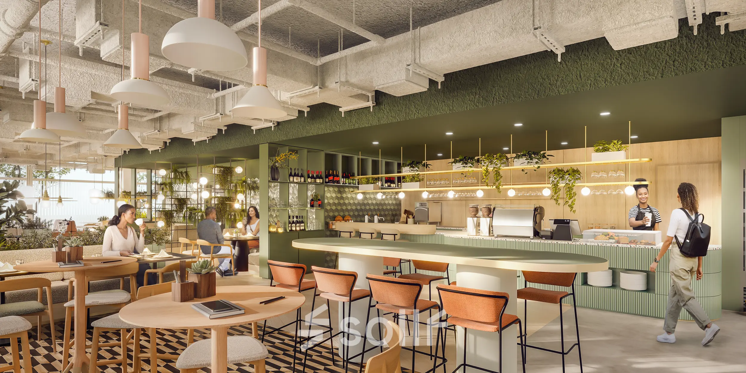 Modern office space with individuals enjoying snacks and drinks at a stylish pantry area in Rotterdam Alexander, ideal for office space rental opportunities.