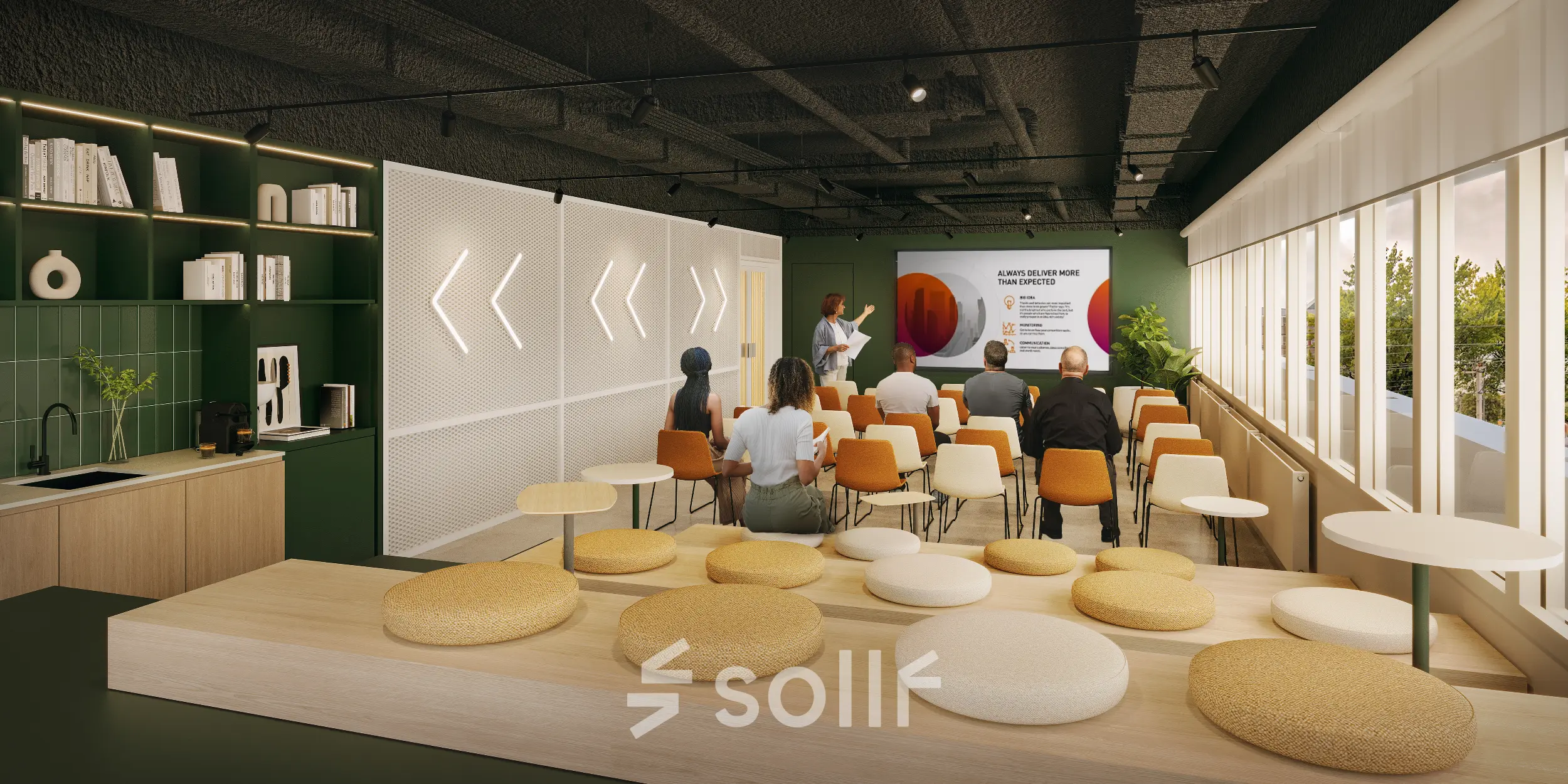 Modern furnished office space for rent in Rotterdam Alexander, featuring a presentation area with attendees seated and a kitchenette.