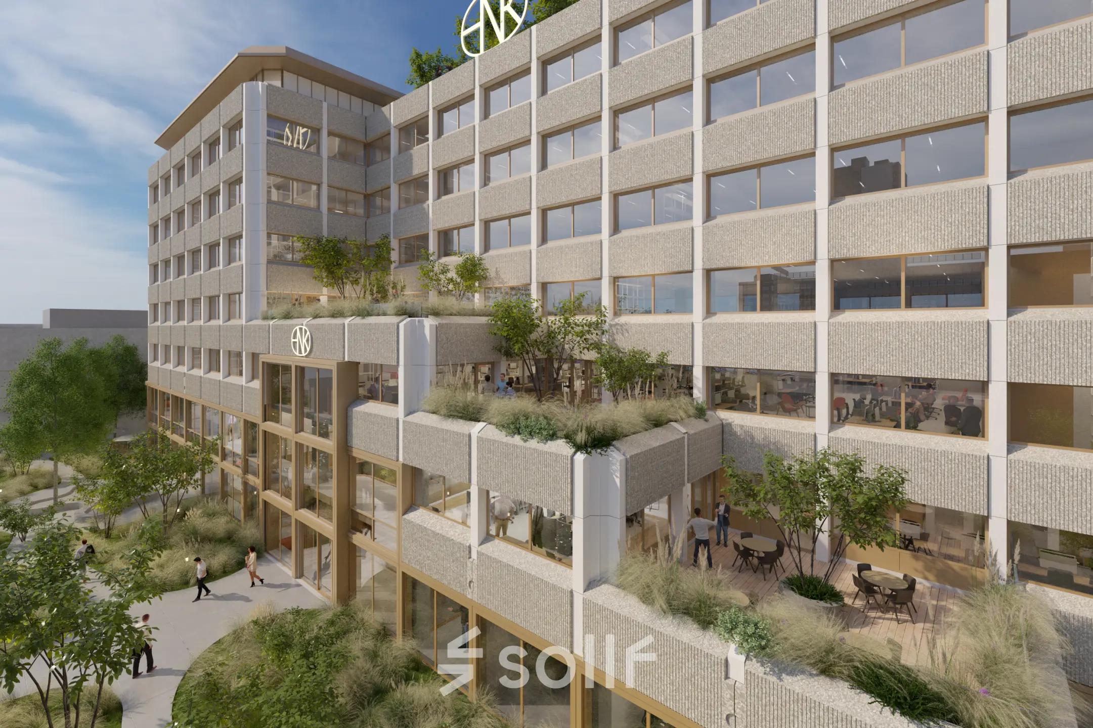 Exterior view of a modern office building at Marten Meesweg 101, Rotterdam Alexander, showcasing a vibrant space perfect for office space rental.