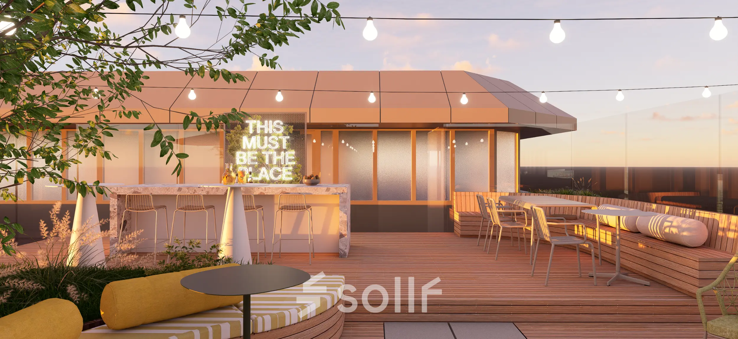 Outdoor office space rental at Marten Meesweg 101, Rotterdam Alexander, featuring wooden flooring, seating areas, and string lights under a sunset sky.