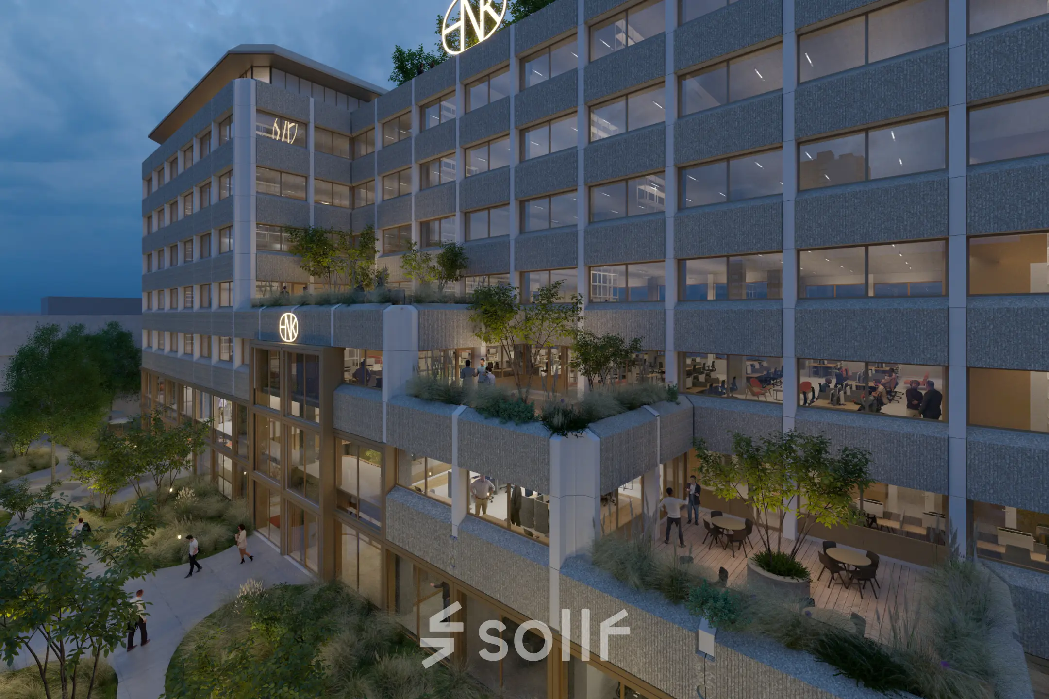 Exterior view of an office building at Marten Meesweg 101, Rotterdam Alexander, showcasing a modern architectural design with office space rental potential.