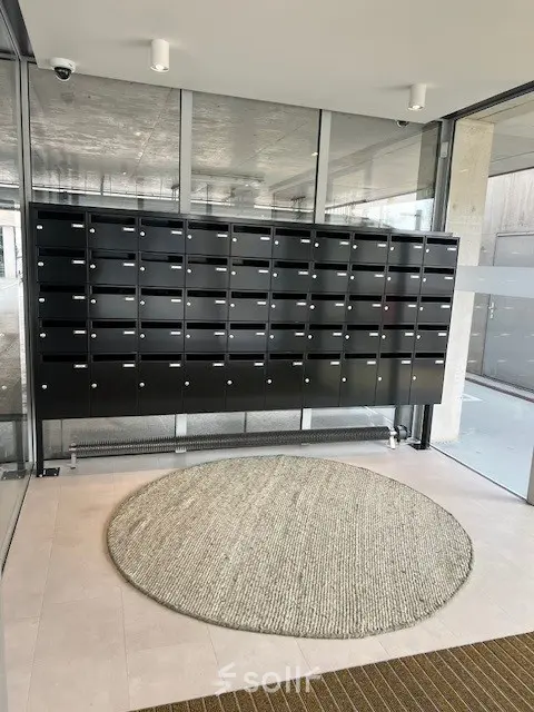 Lobby at Bahialaan 100, Rotterdam Brainpark with modern mailboxes and rugs, offering a sleek introduction to office space rental.
