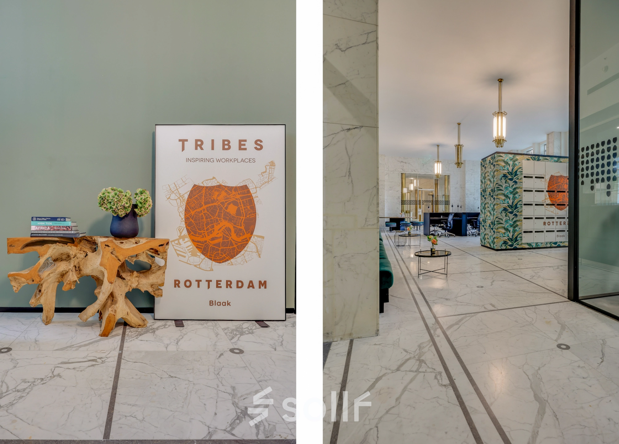 Stylish lobby at Blaak 34 in Rotterdam Center, ideal for office space rental, with modern decor and art pieces. Perfect for businesses seeking an office to rent in a central location.