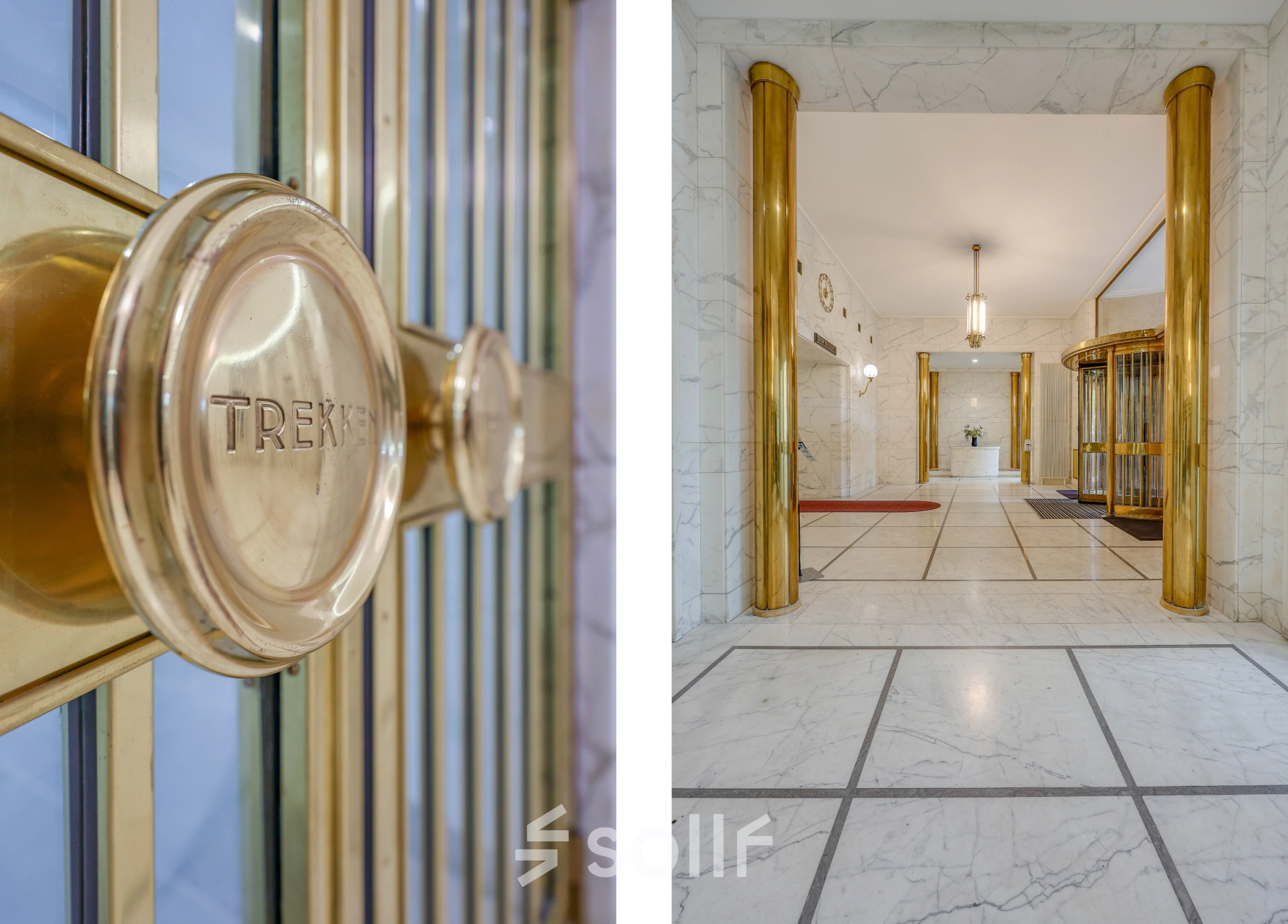 Elegant entrance with brass and marble accents at Blaak 34. Ideal spot for office space rental in Rotterdam Center.