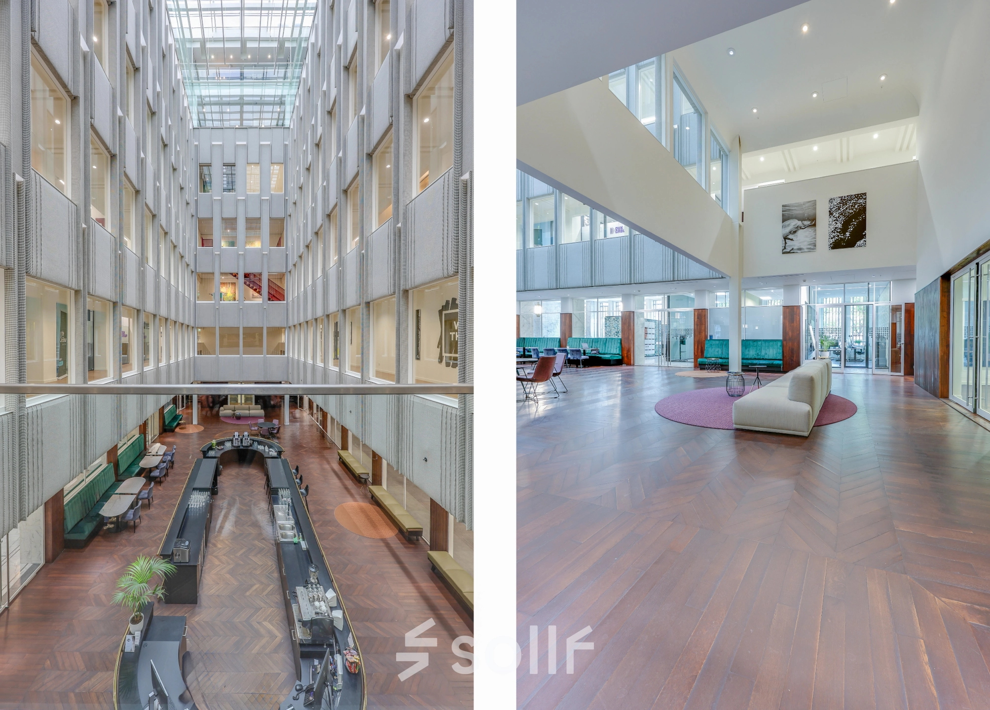 Interior view of an office space rental at Blaak 34, Rotterdam Center, showcasing a modern open floorplan with furnished areas and a glass ceiling.