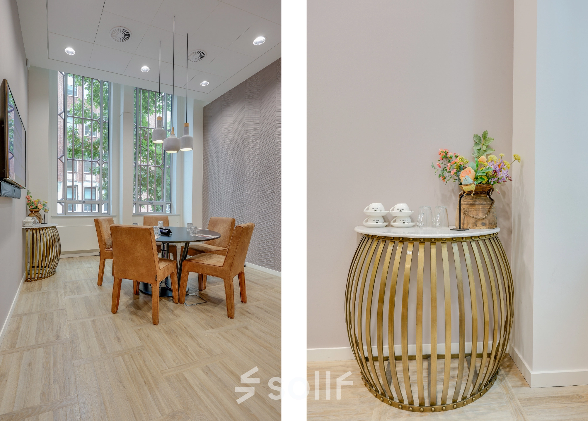 Bright office to rent at Blaak 34, Rotterdam Center, featuring a small furnished meeting area with a round table and leather chairs, complemented by a chic decorative table with coffee amenities.