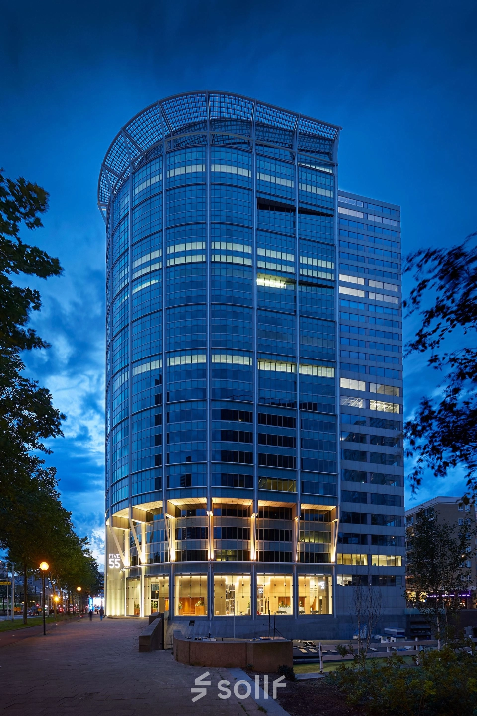 Exterior view of an office building at Blaak 555, Rotterdam Center, ideal for office space rental.