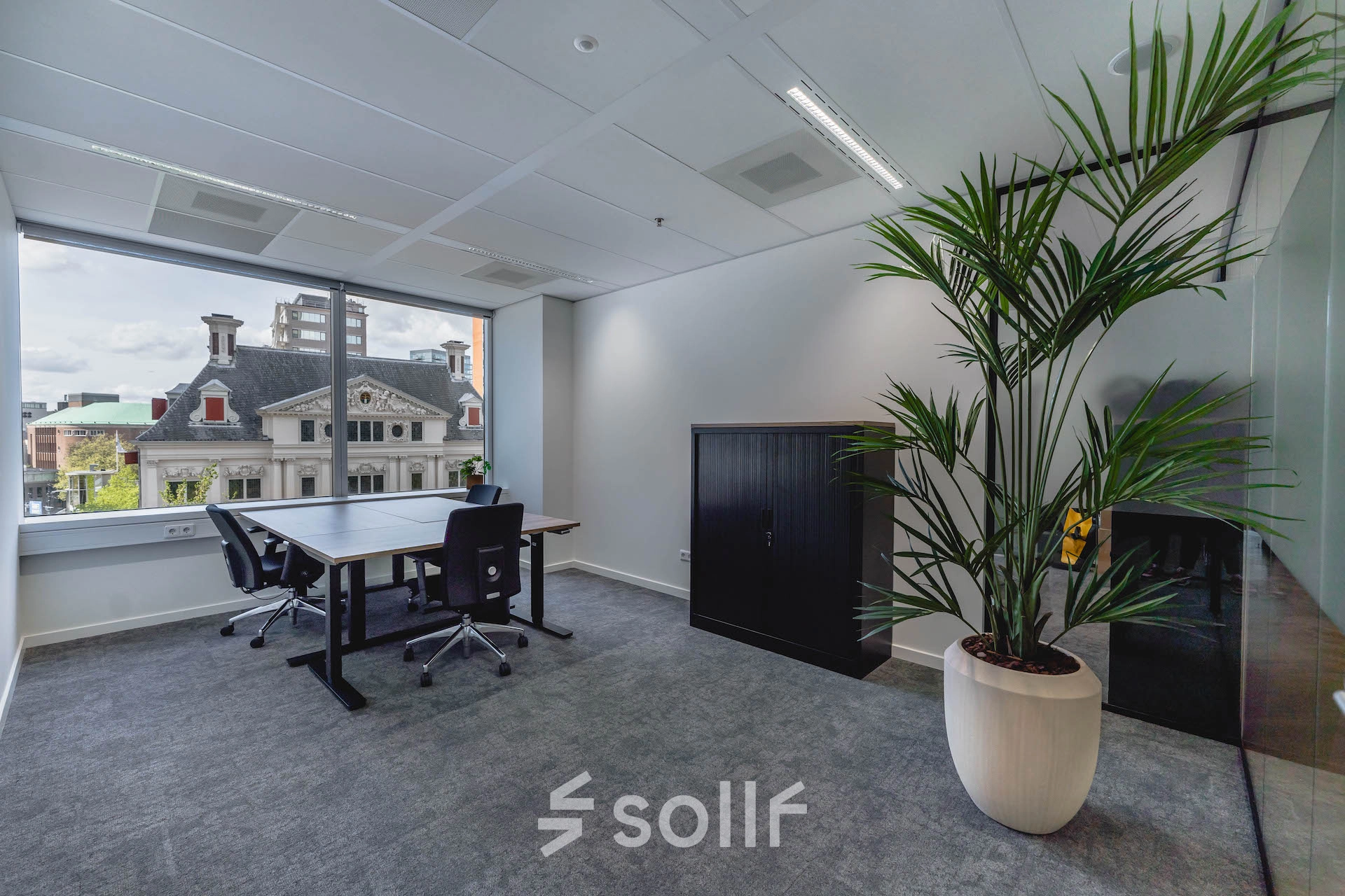 Bright office space with large window view at Blaak 555, Rotterdam Center. Ideal for office space rental with modern furnishings and a potted plant.