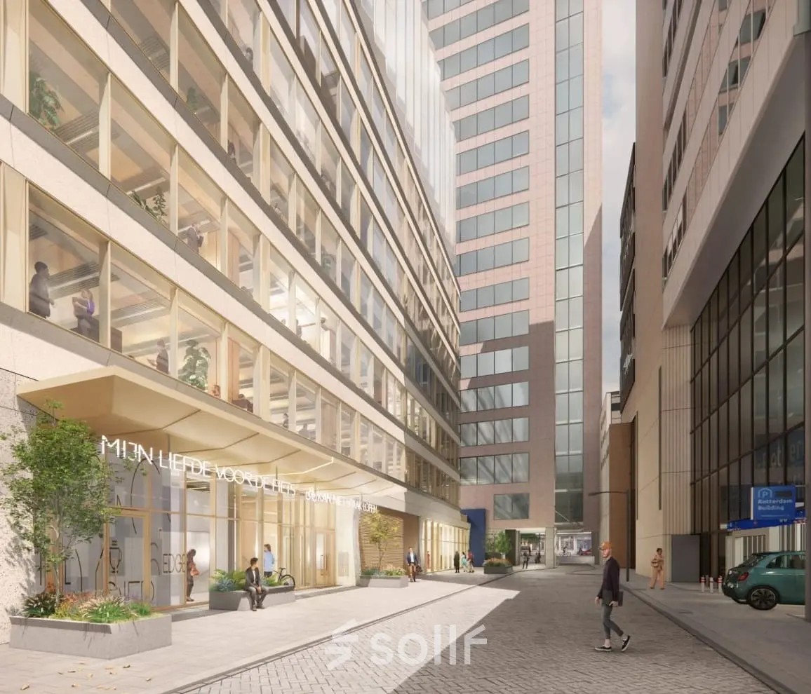 Exterior view of a modern office building at Coolsingel 75, Rotterdam Center, with people walking by and engaging outside. Ideal for those seeking office space rental in a bustling urban location.