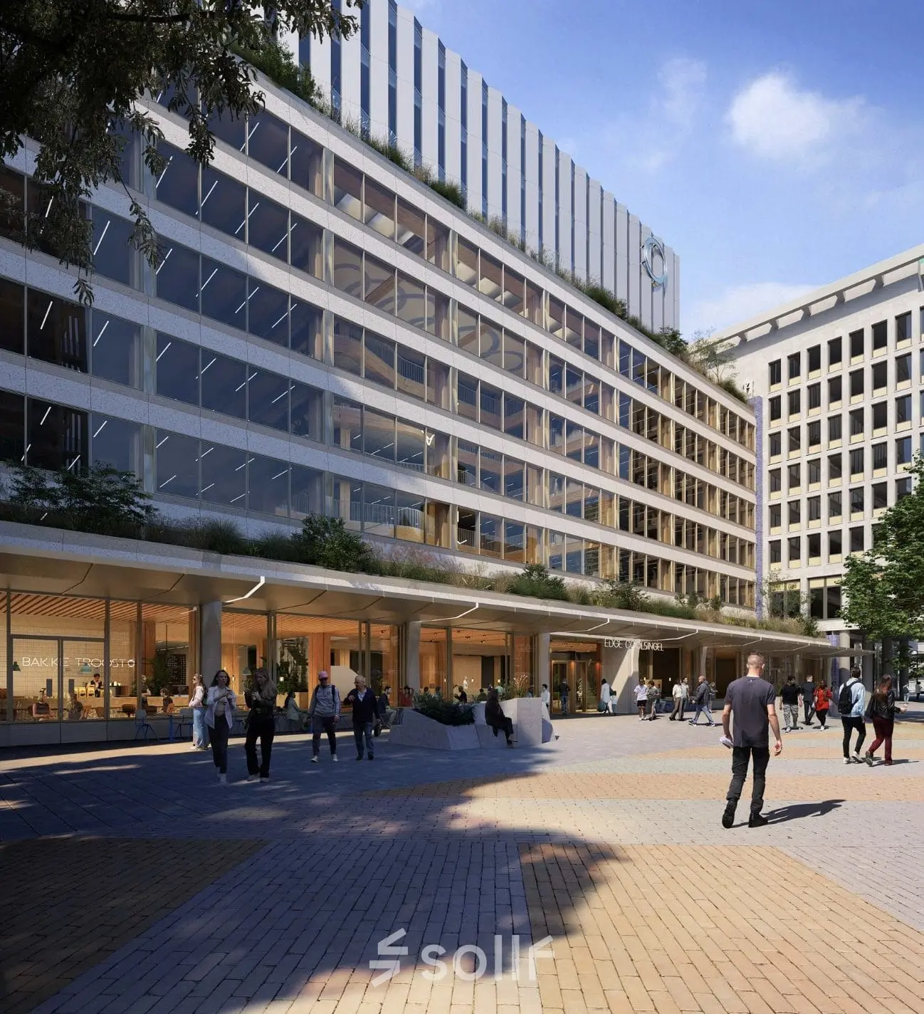 Exterior view of modern office building at Coolsingel 75, Rotterdam Center, with people walking in a business plaza, ideal for office space rental.