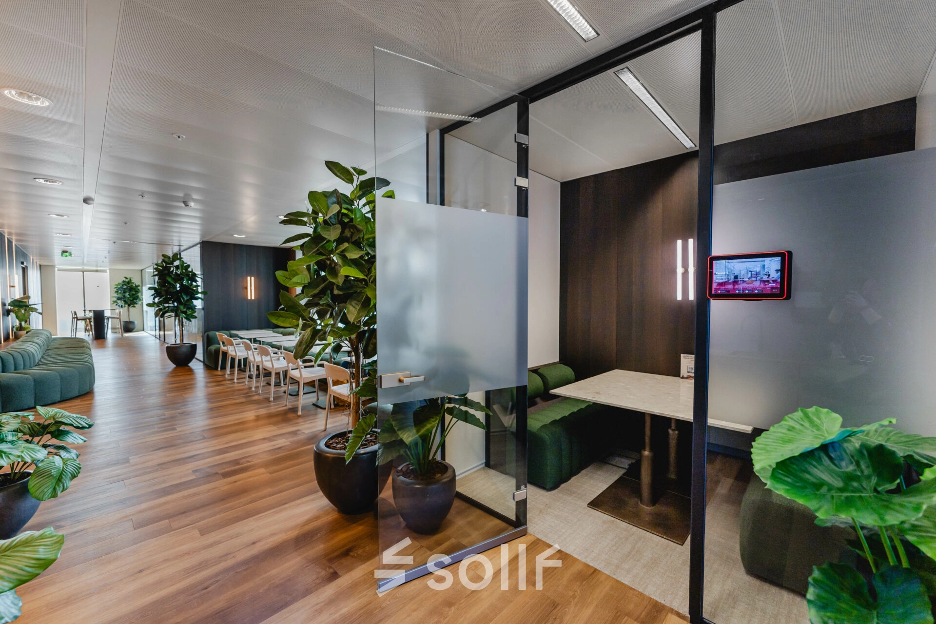 Modern office space for rent in Rotterdam Center at Weena 788, featuring a glass meeting room, plants, and natural light, ideal for office space rental.