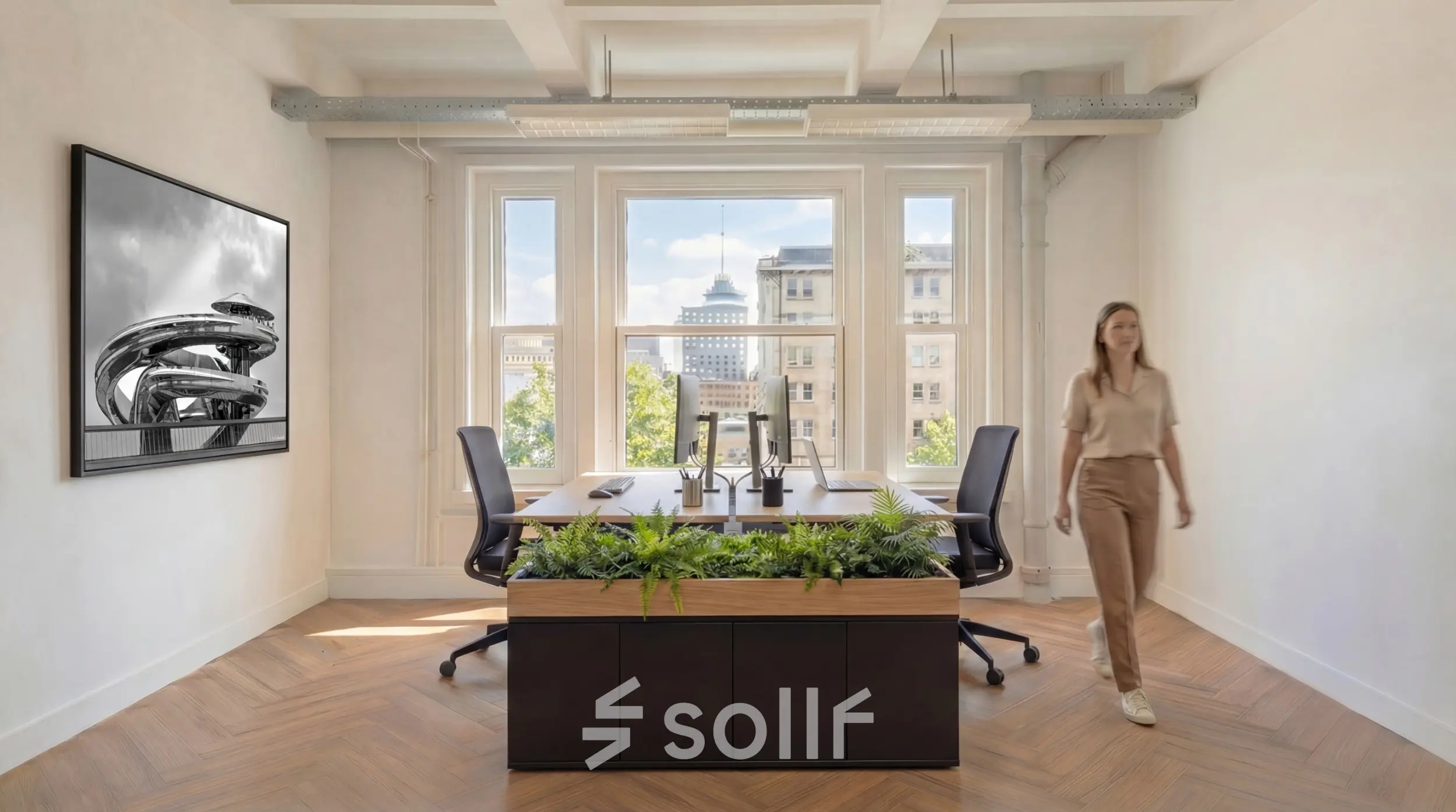 Bright office space at Lloydstraat 5, Rotterdam Delfshaven, featuring desks and ergonomic chairs with a view. Rent office space in this inviting environment.