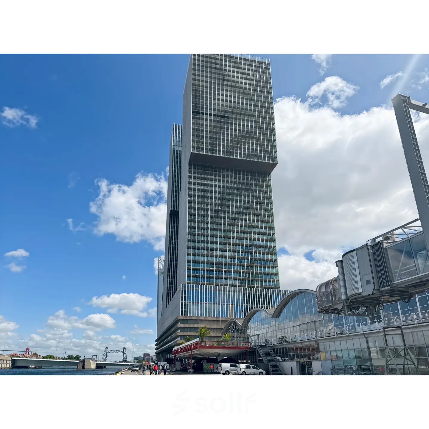 Exterior view of a modern office building at Wilhelminakade 173, Rotterdam Kop van Zuid, ideal for office space rental.