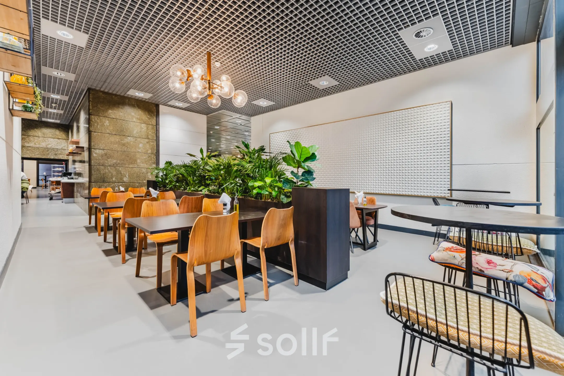 Spacious furnished office space rental at Oostmaaslaan 71, Rotterdam Kralingen, with wooden tables, chairs, and vibrant plants, offering a modern and inviting atmosphere.