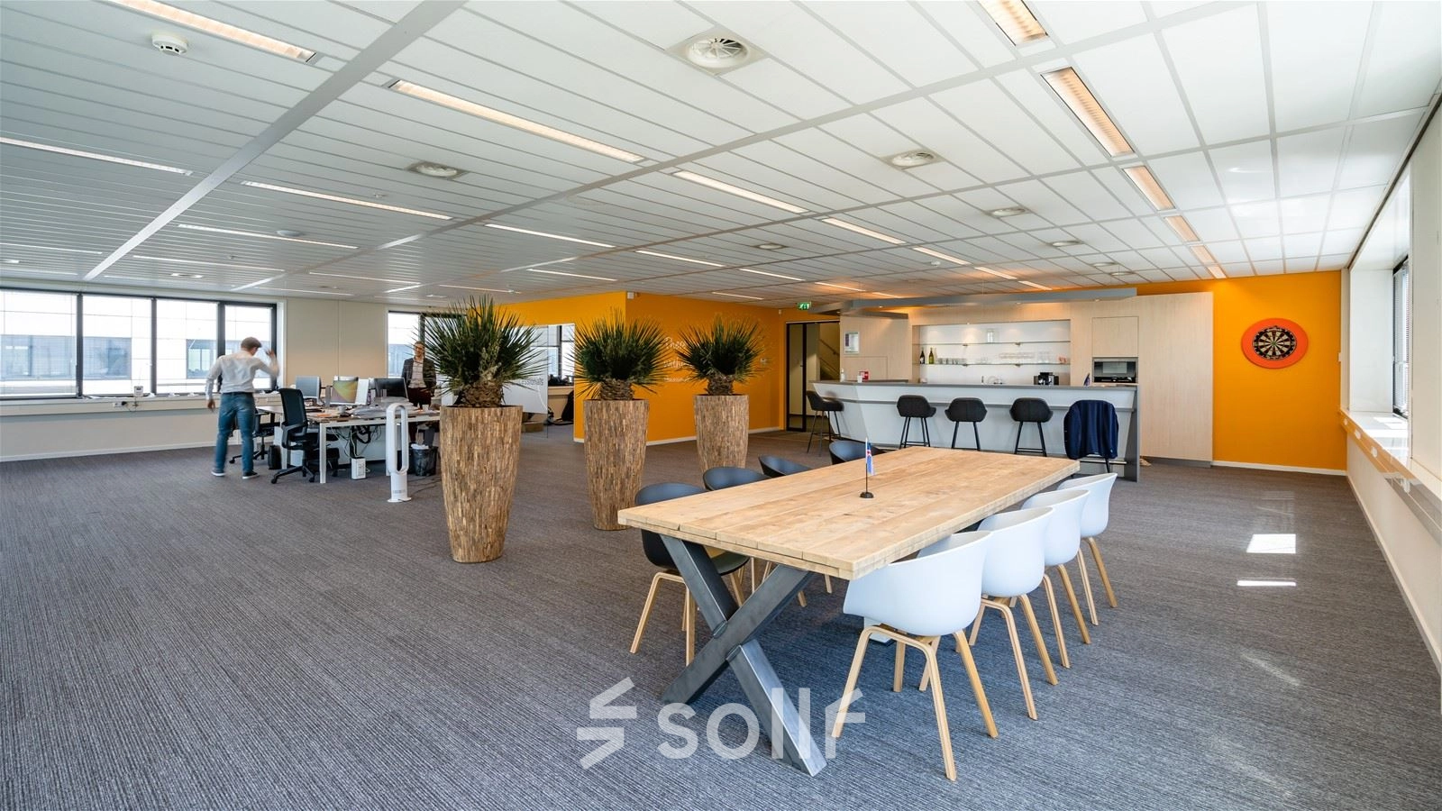Spacious office space rental at Waalhaven O.z. 83, Rotterdam, featuring modern workstations and a communal table. Rent office space with an inviting atmosphere and stylish plants.