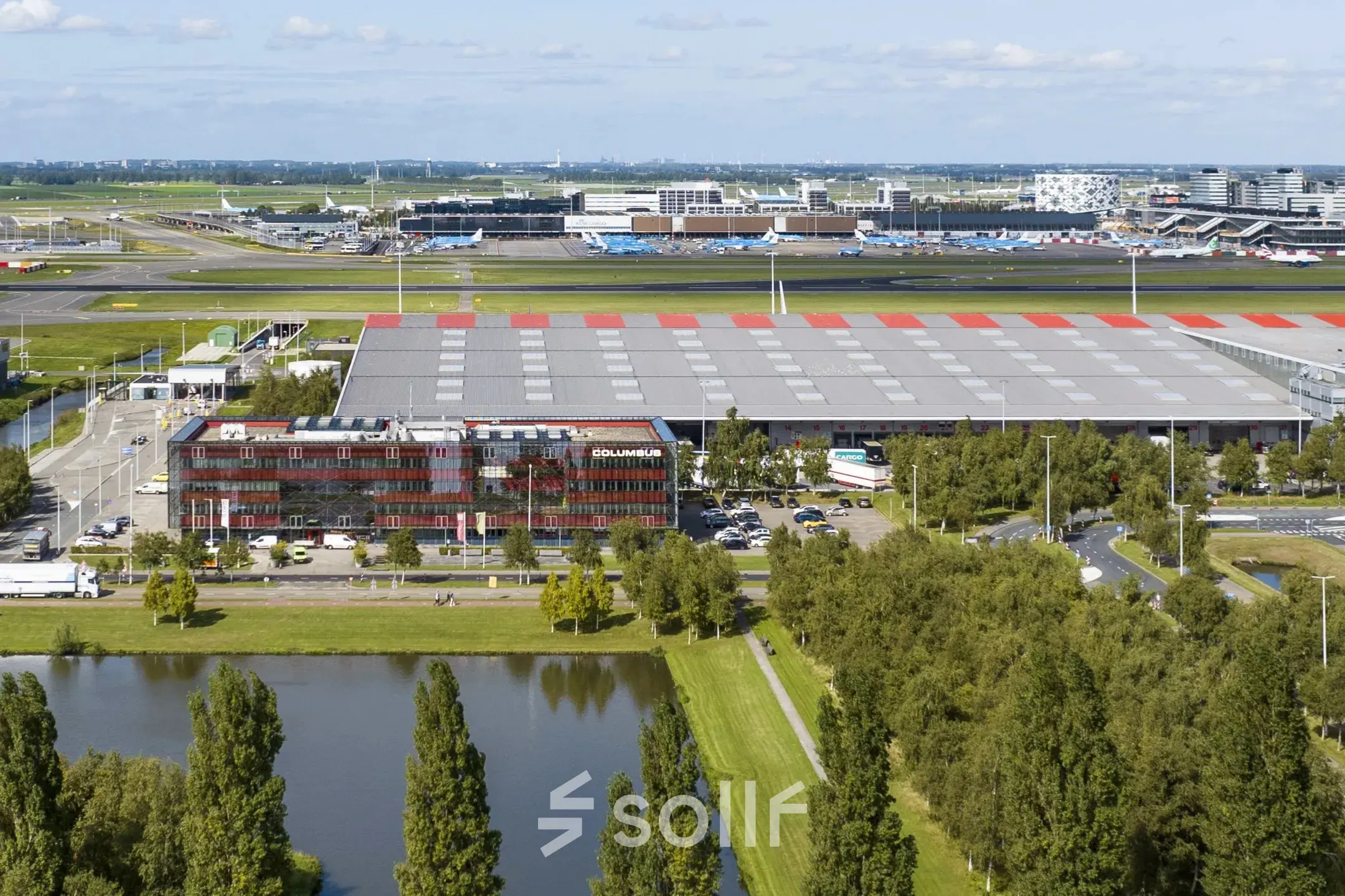 Exterior view of an office building located at Folkstoneweg 2-56, Schiphol Airport, suitable for office space rental.