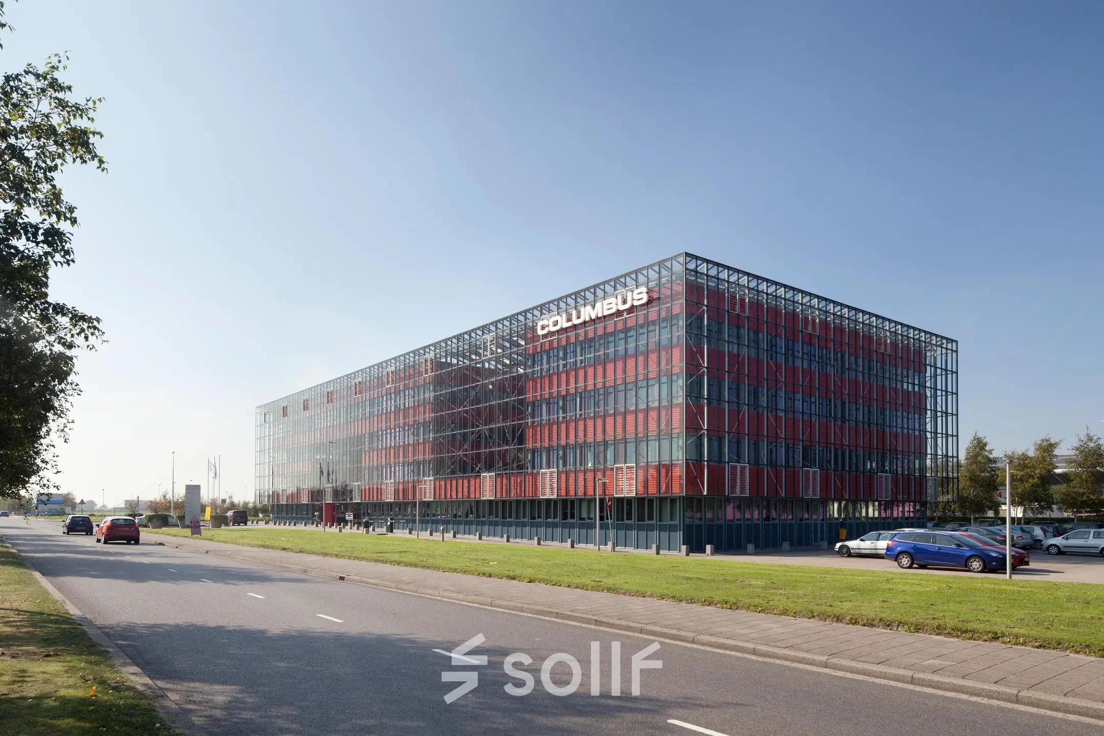 Exterior view of an office building at Folkstoneweg 2-56, Schiphol Airport, ideal for office space rental.