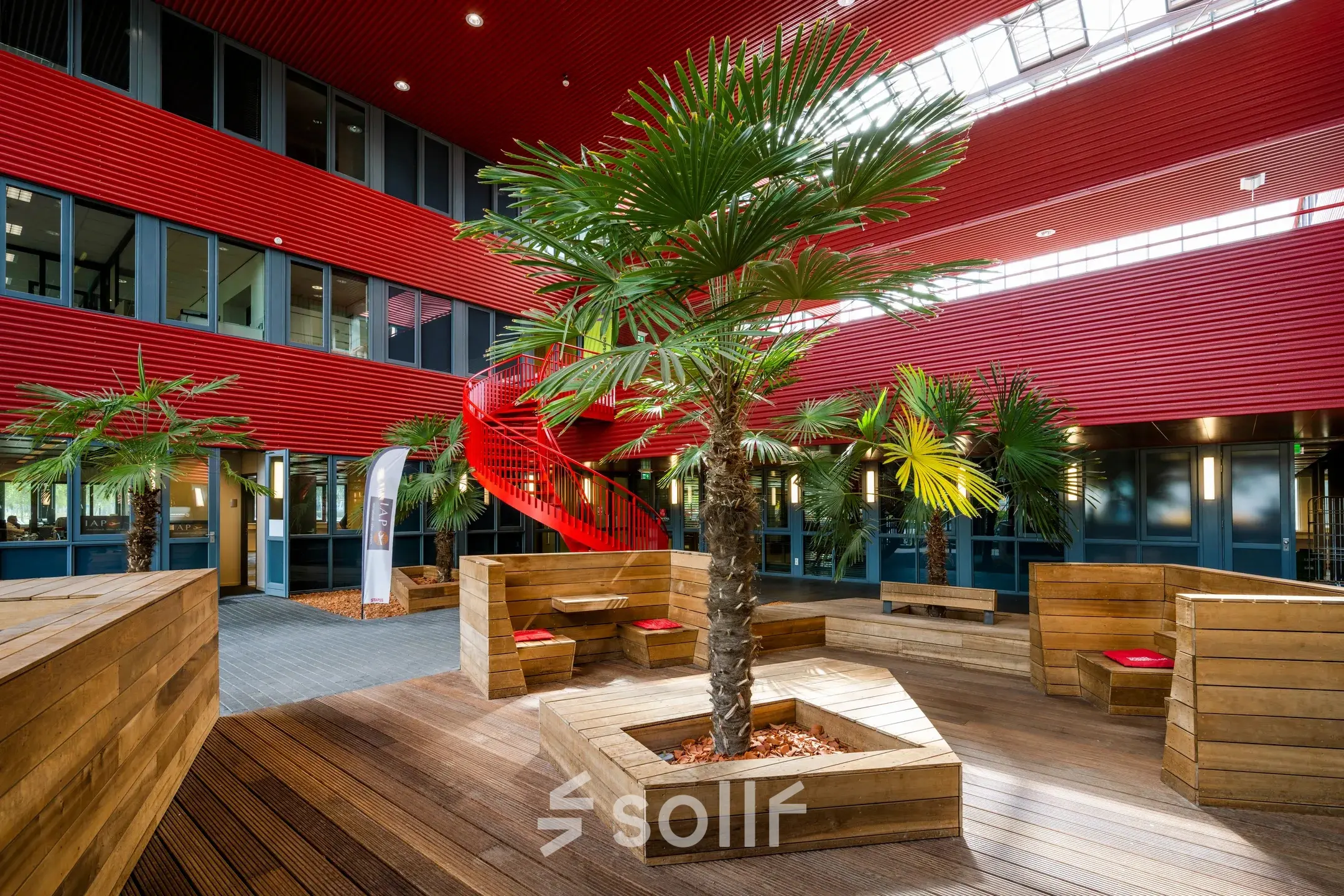 Open lounge area at Folkstoneweg 2-56 in Schiphol Airport with modern wooden seating around palm trees, ideal for office space rental.