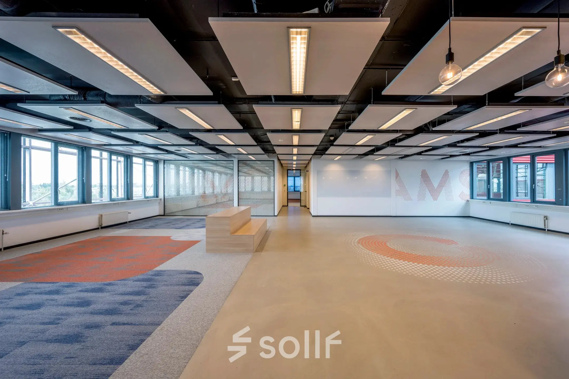 Spacious office space with modern lighting and ceiling design at Folkstoneweg 2-56, Schiphol Airport, ideal for rent office space needs.