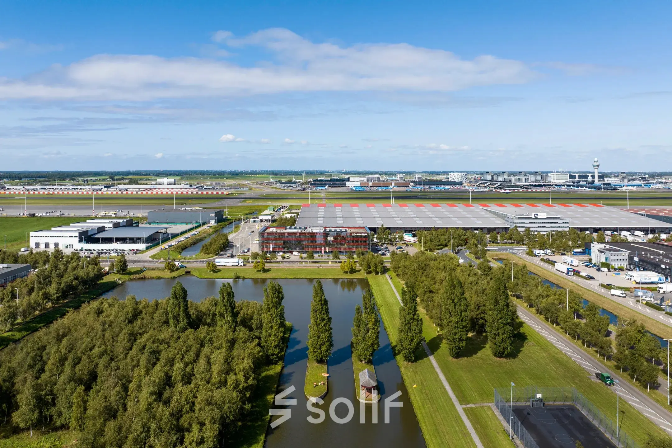 Aerial view of Folkstoneweg 2-56 near Schiphol Airport, showcasing nearby infrastructure and landscape.