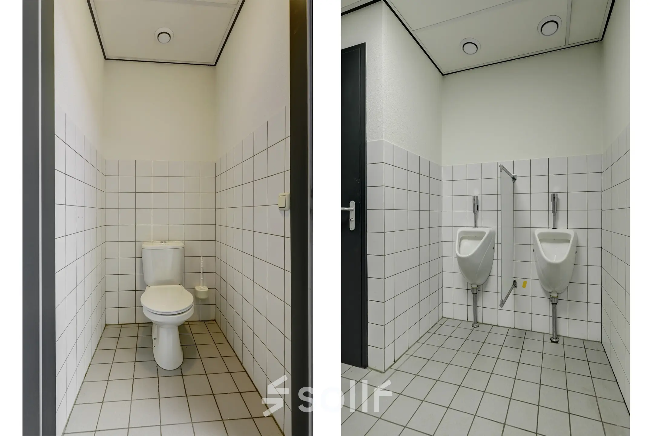Office restroom at Fischerpad 106 in Sittard, available for office space rental, featuring tiled walls and modern fixtures.