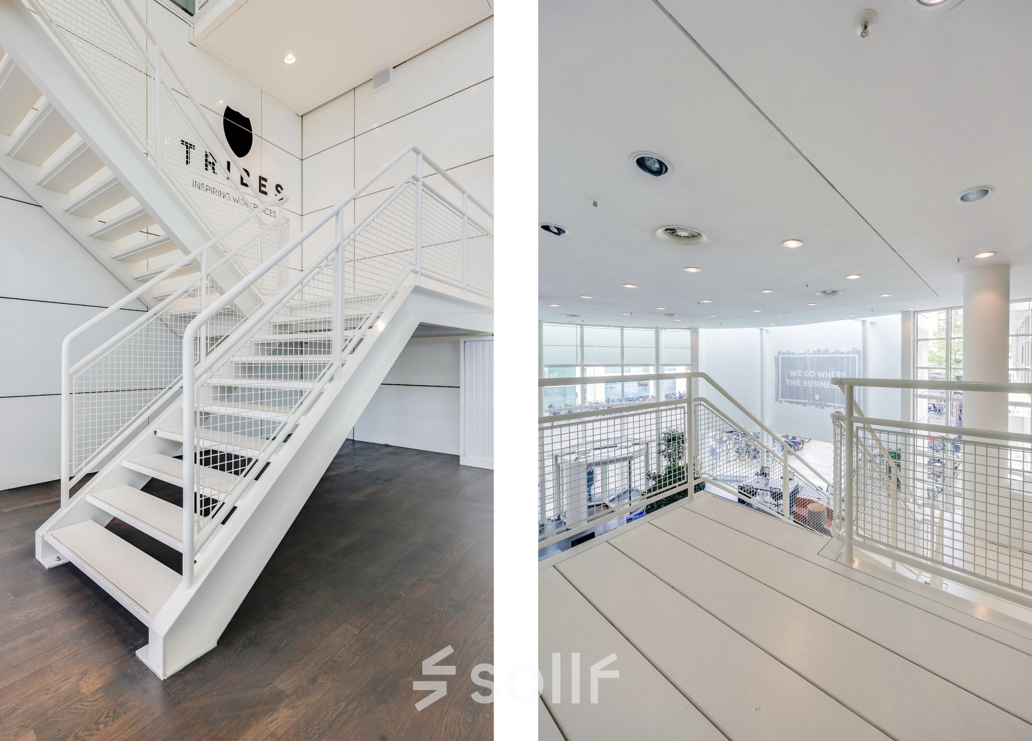 Modern interior view of Kalvermarkt 53, The Hague Center, featuring white staircases and large windows suitable for office space rental.
