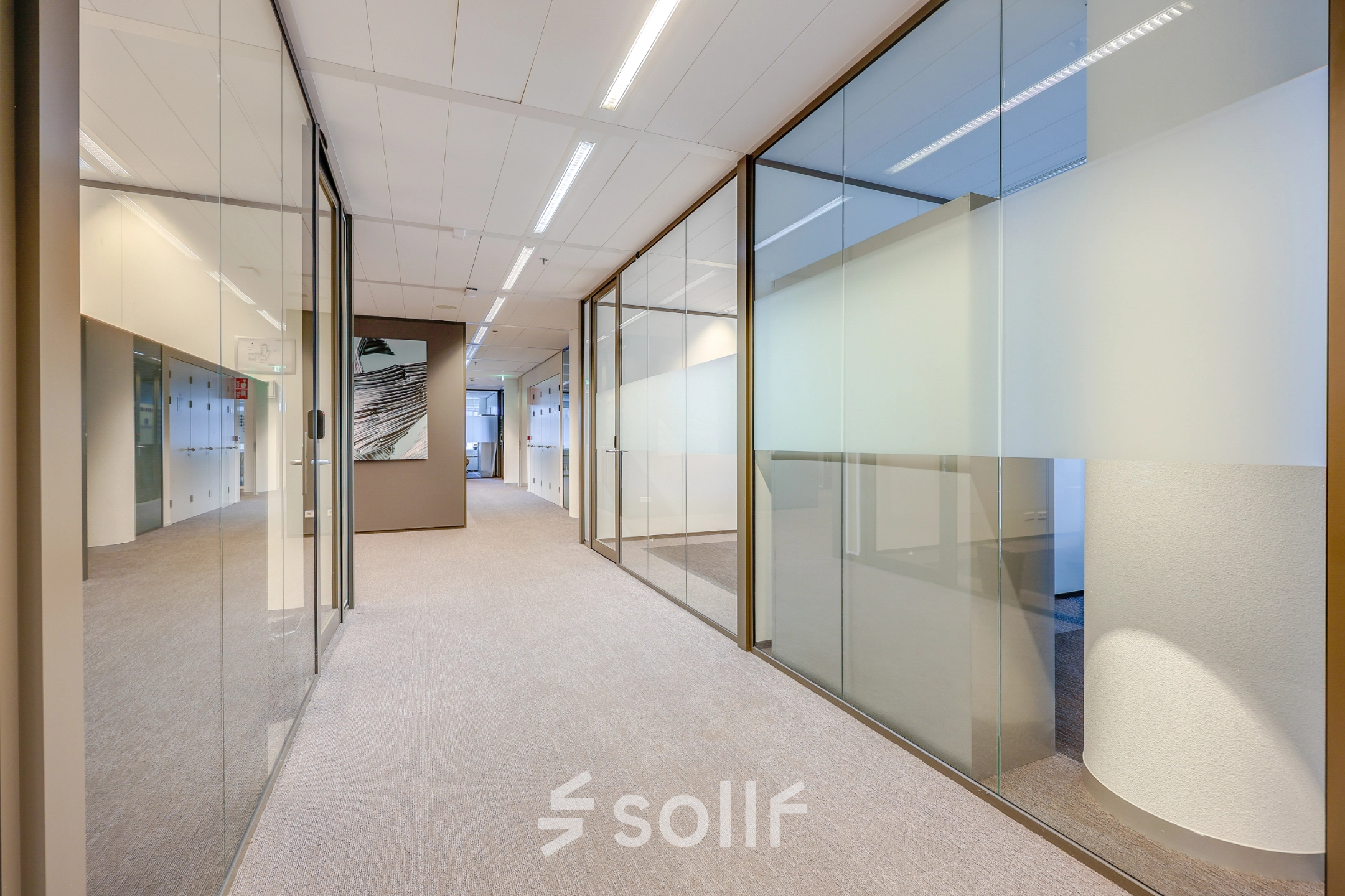 Bright office space rental with glass walls and carpeted floors, ideal for businesses. Located at Kalvermarkt 53, The Hague Center.