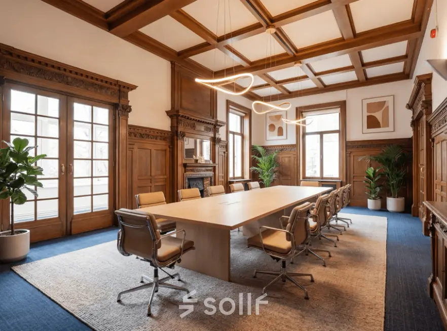 Elegant office space at Mauritskade 9, The Hague Center, featuring a long table with modern chairs, wooden paneling, and large windows ideal for office space rental.