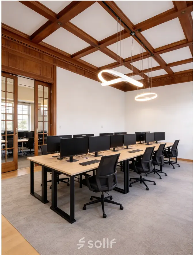 Modern office space with wooden accents and several desks equipped with monitors, located at Mauritskade 9, The Hague Center.