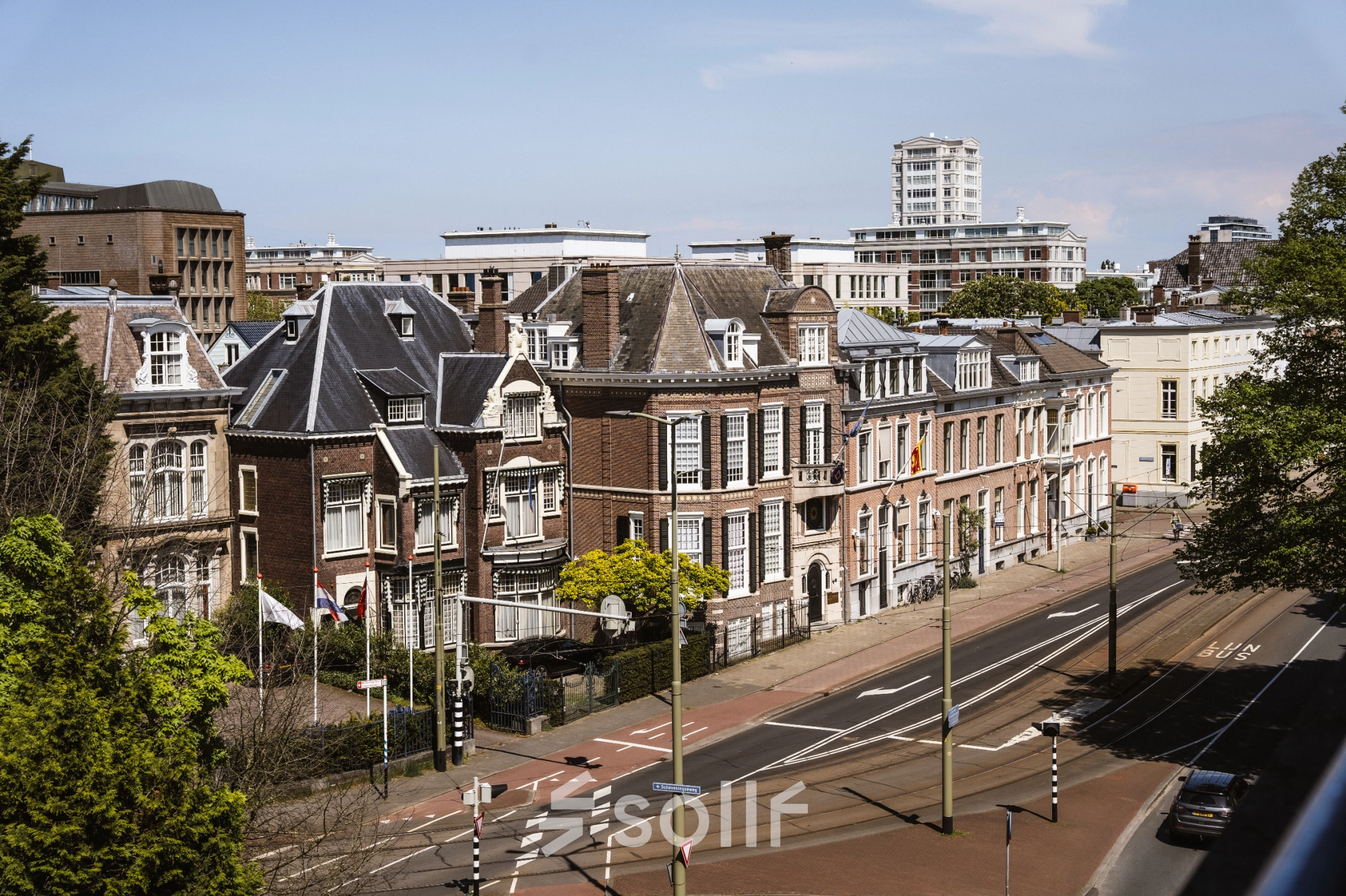 Street view of Zeestraat 100 in The Hague Center, showcasing historic buildings suitable for office space rental.