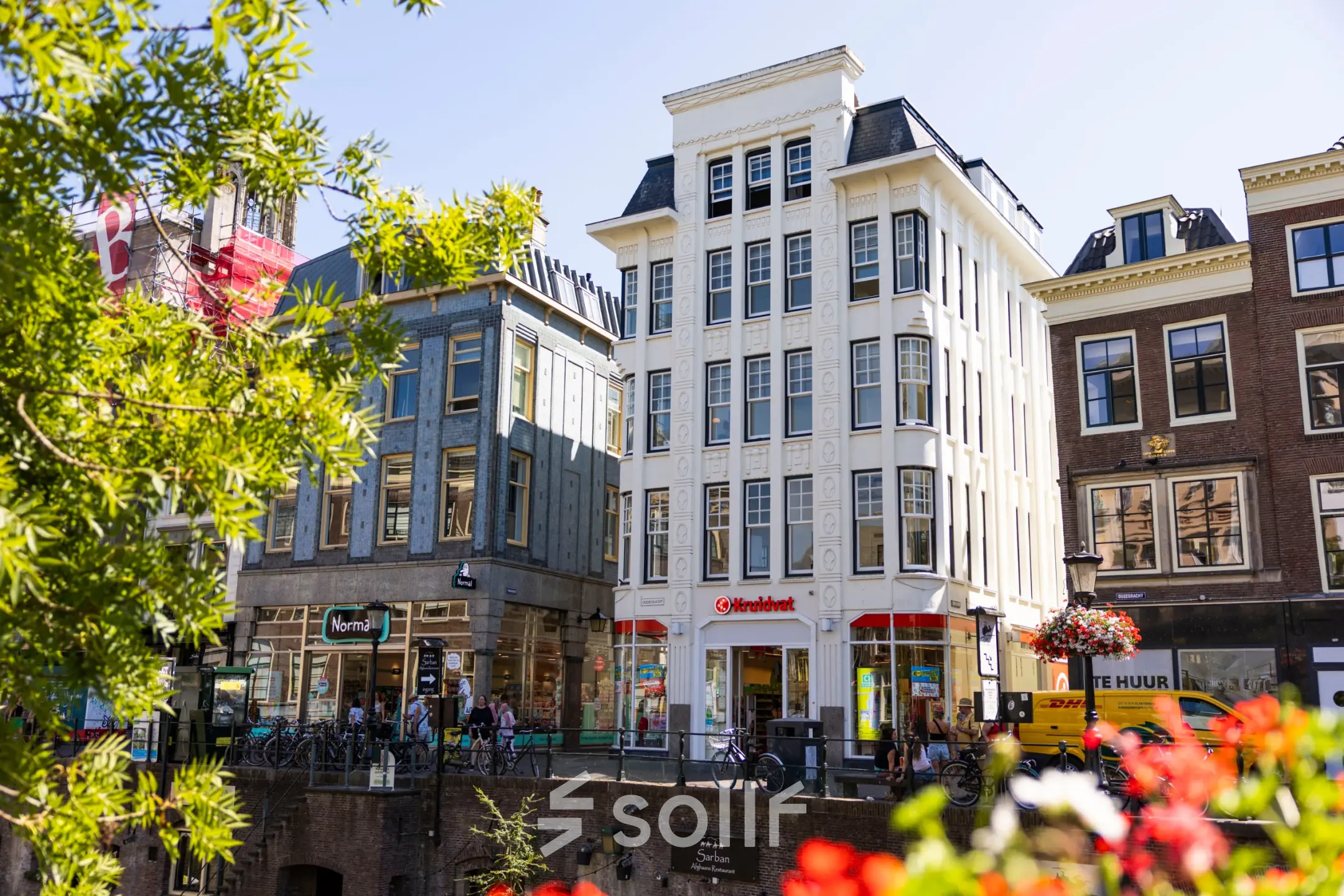 Exterior view of Oudegracht 161 in Utrecht Center, showcasing the building's facade, perfect for office space rental opportunities.