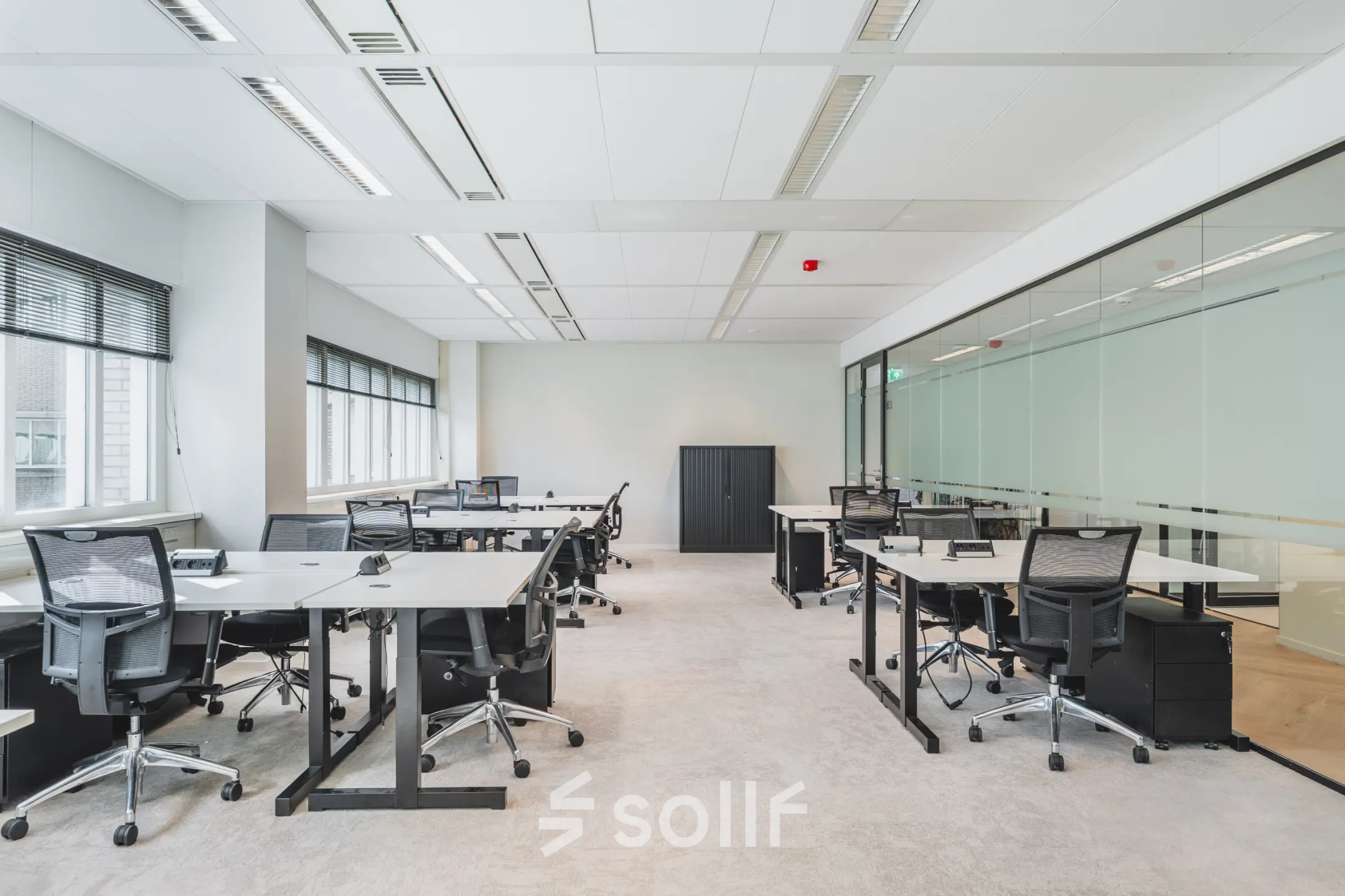 Modern office with glass partitions at Leiden Central Station for rent, featuring ergonomic chairs and ample desk space.