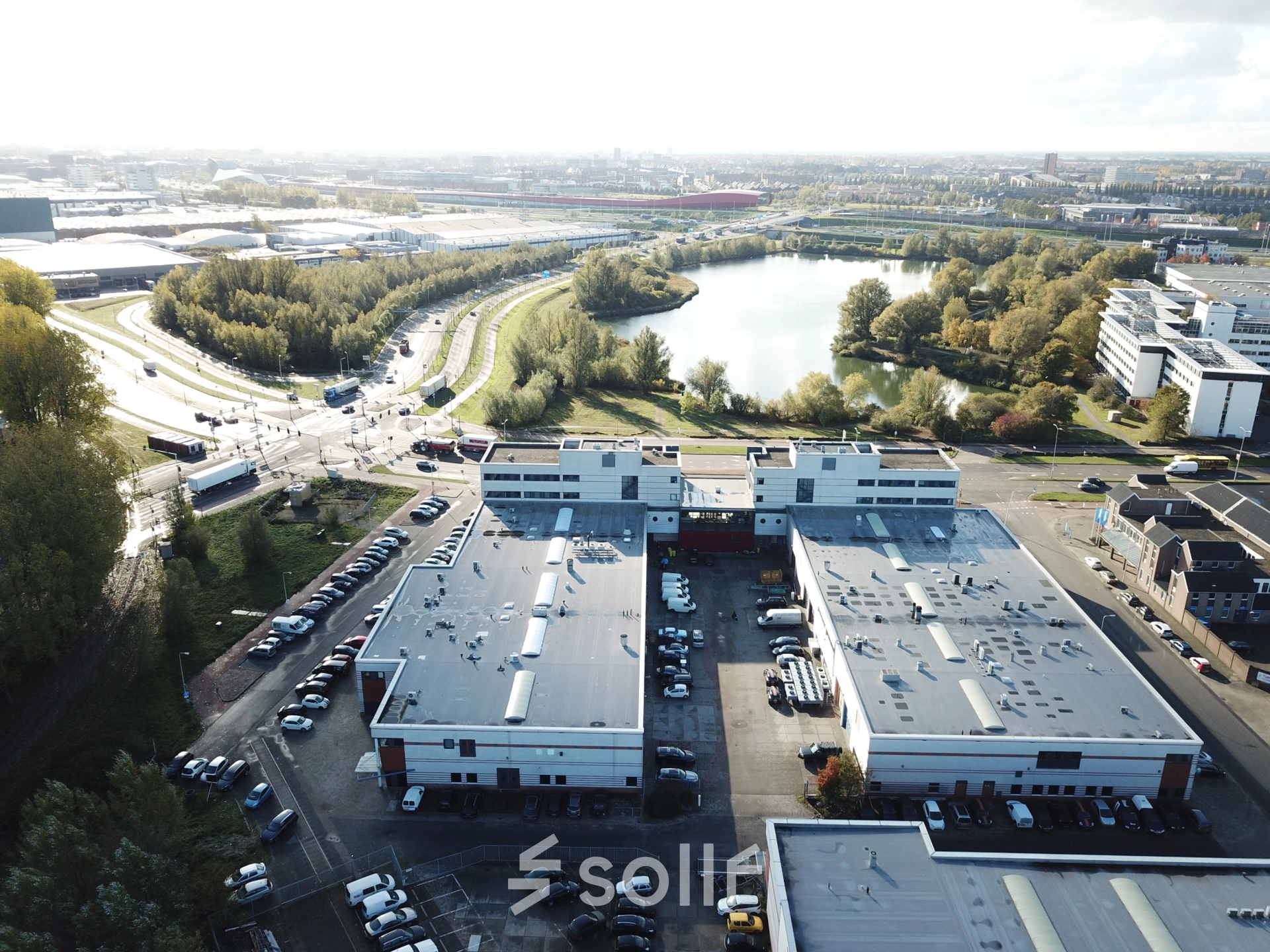 Aerial view of office buildings at Atoomweg 63, Utrecht Lage Weide, suitable for office space rental.