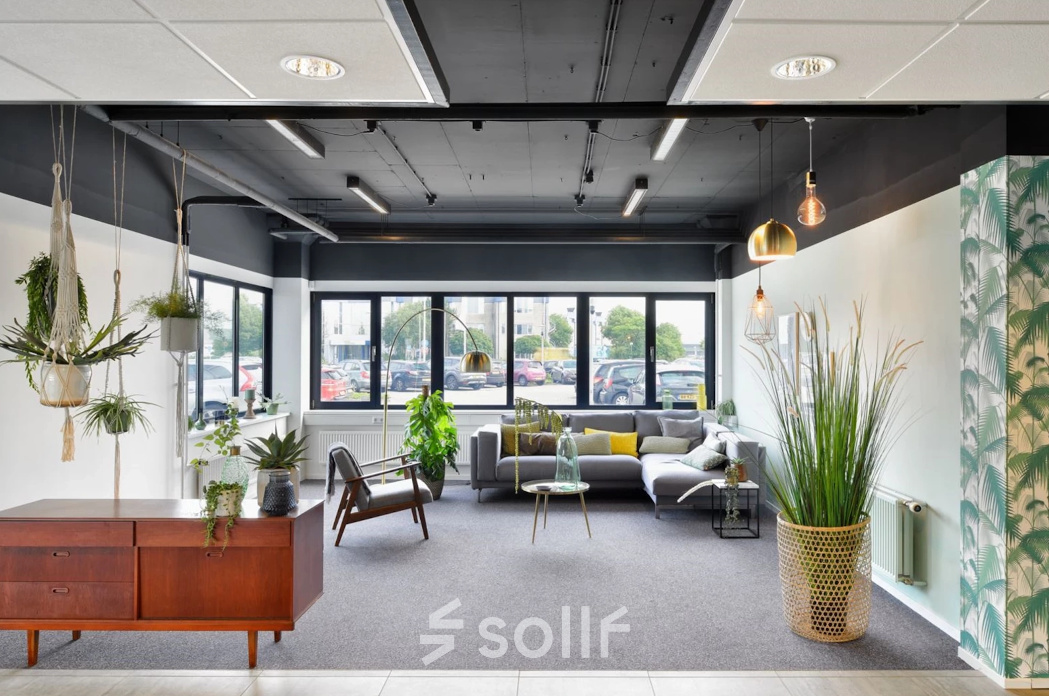 Bright office space with modern decor including plants and stylish furniture, available for rent at Reactorweg 301, Utrecht Lage Weide.