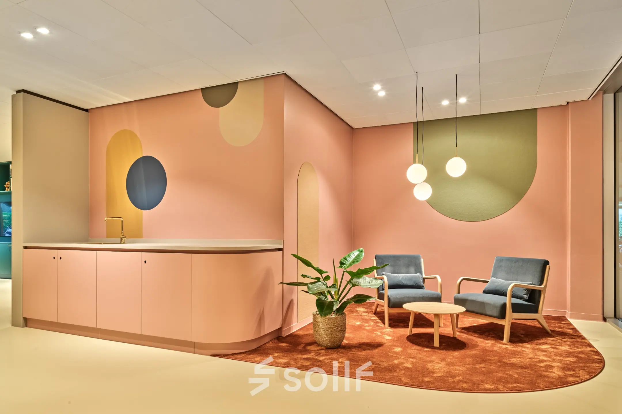 Modern furnished office lounge at Van Deventerlaan 30-40 in Utrecht Papendorp, available for office space rental.