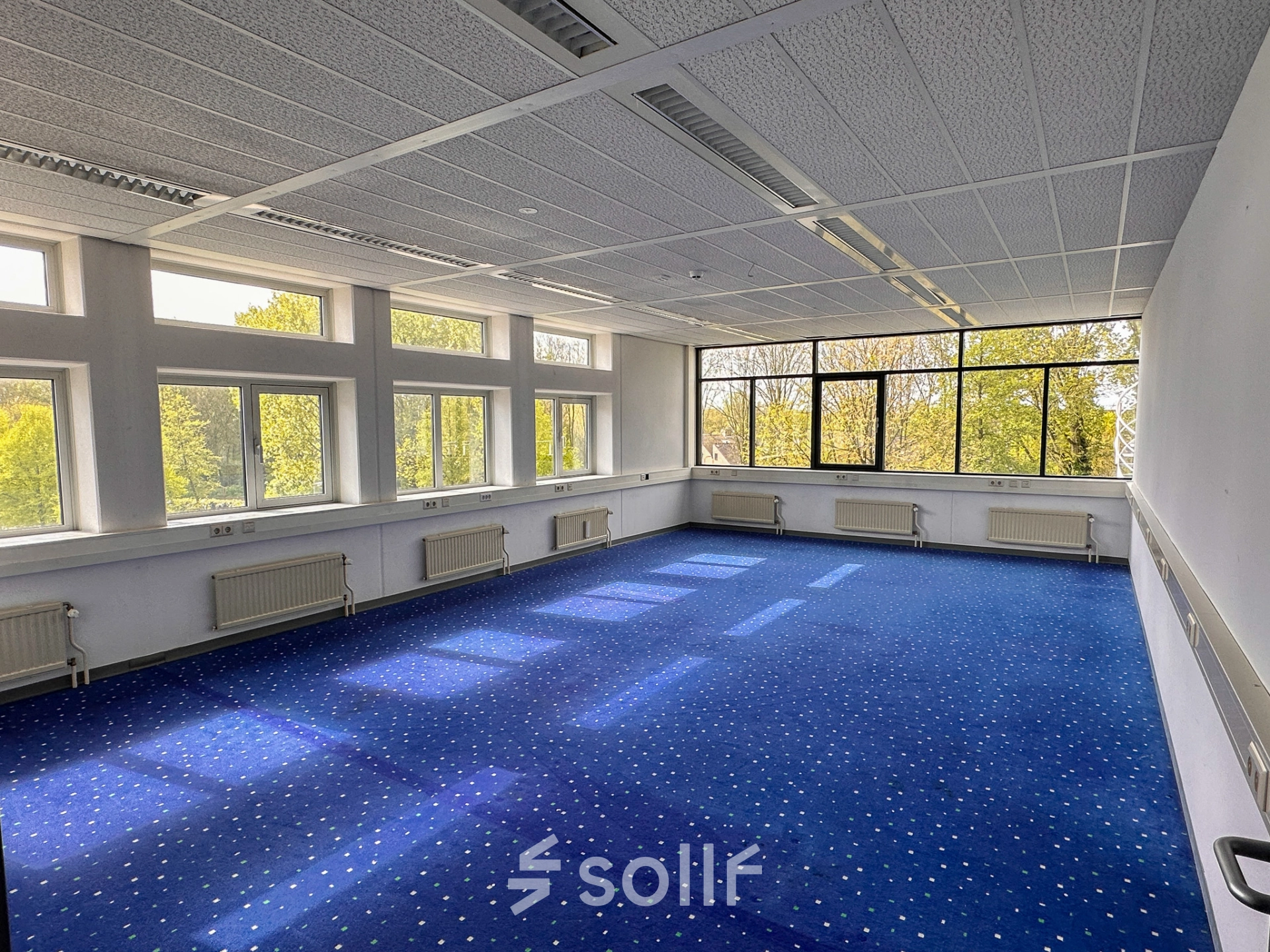 Spacious and well-lit office space available for rent at Daltonlaan 200, Utrecht Rijnsweerd, featuring large windows and blue carpeting, ideal for customization.
